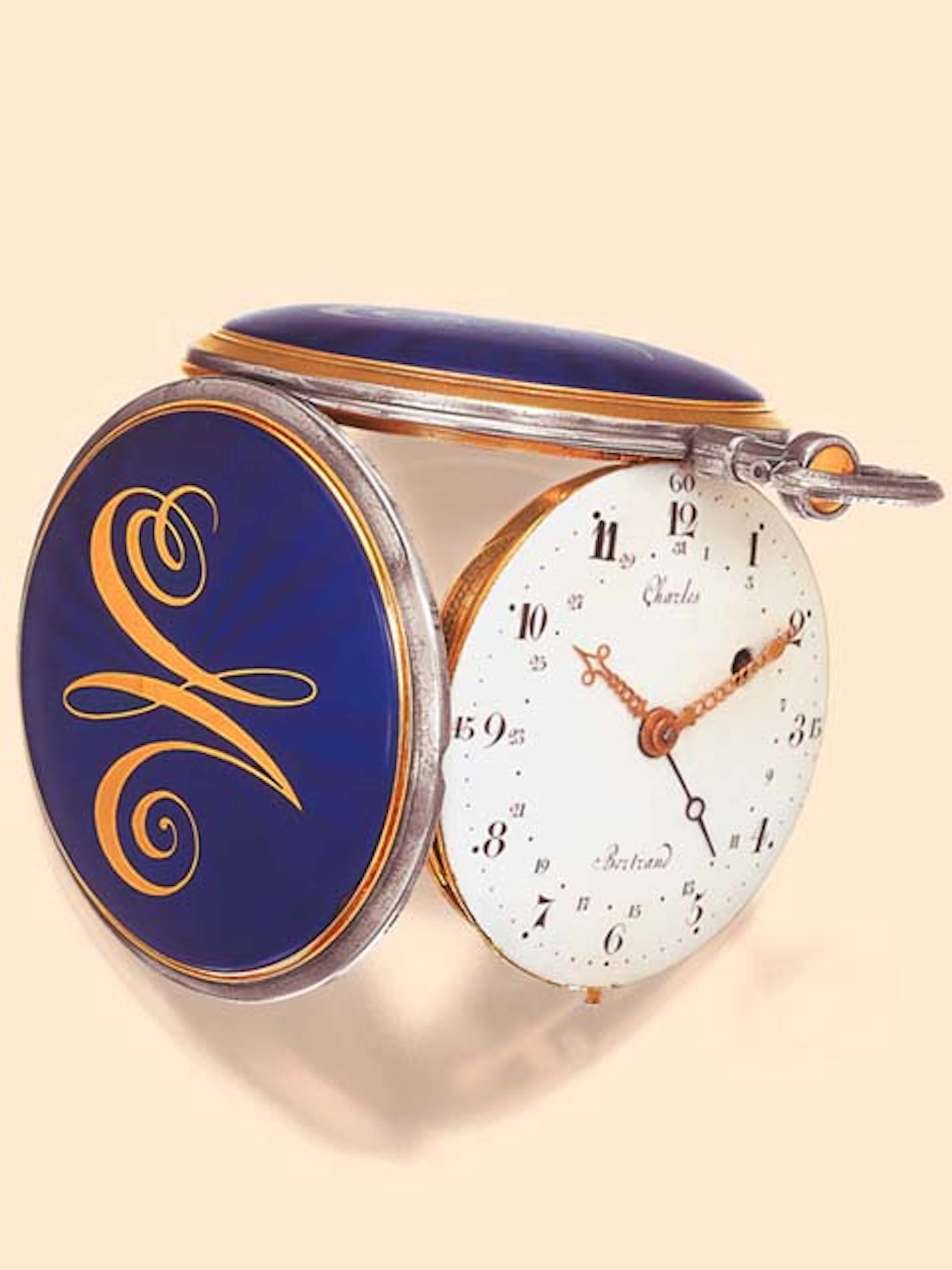 Charles Bertrand, Horloger de l'Academie Royale des Sciences, A PARIS, No. 1471, hallmarked 1787-88. Very fine and unusual silver, gold and enamel hunting-cased watch with date.