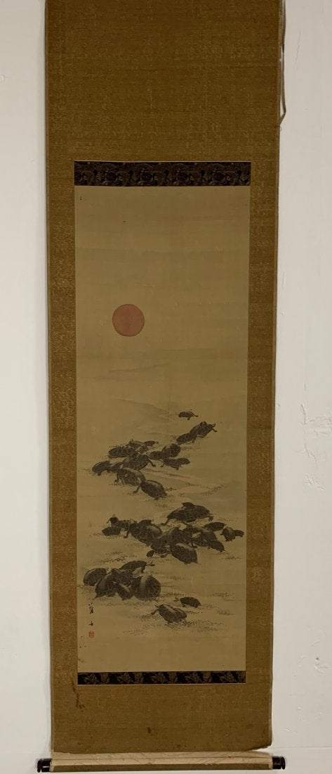 19th Century Hand Painted Chinese Silk Scroll-Turtles