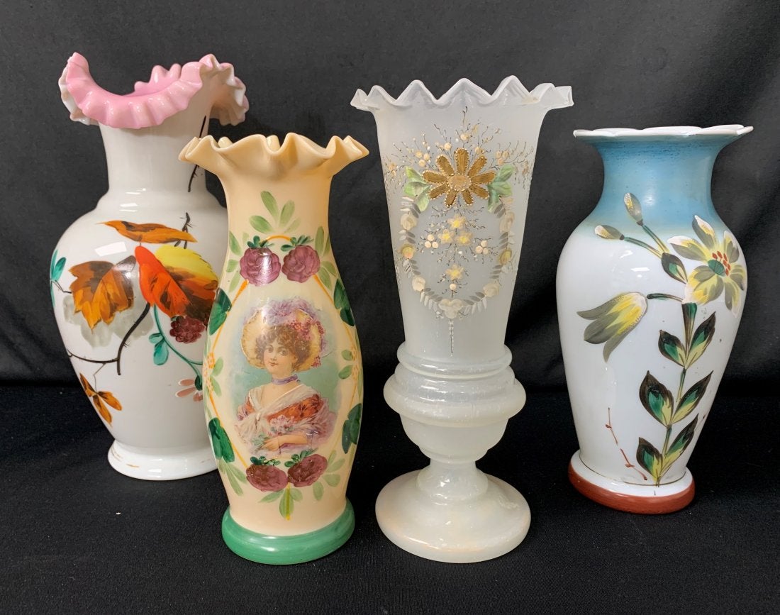 4 Victorian Hand Blown - Hand Painted Vases
