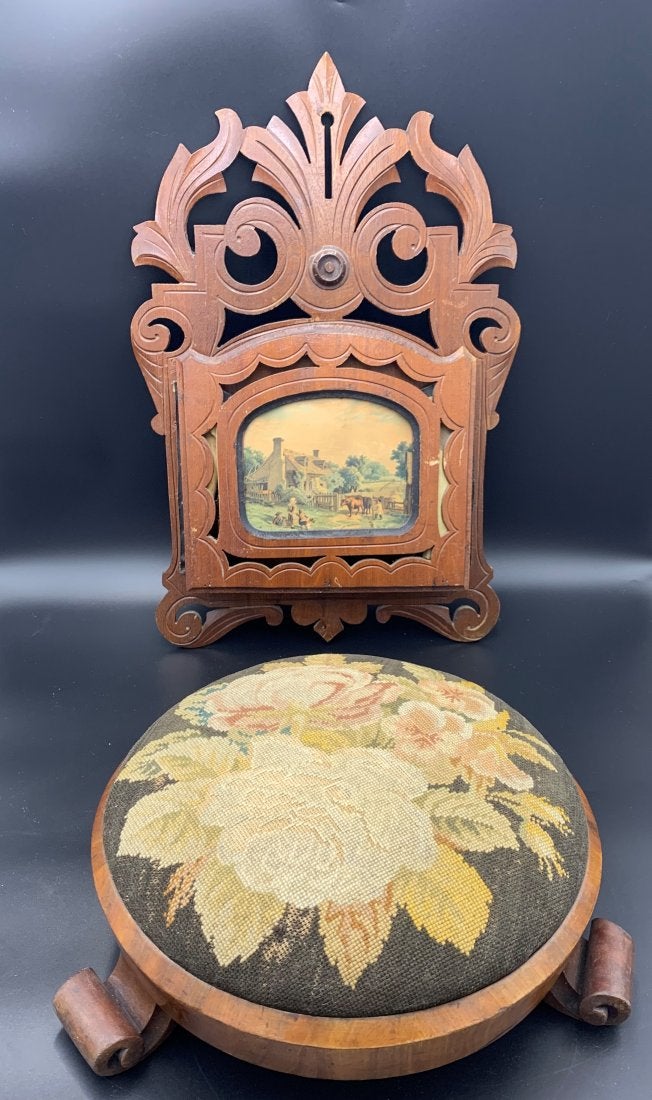 Antique Victorian Footstool & Wall Magazine Holder