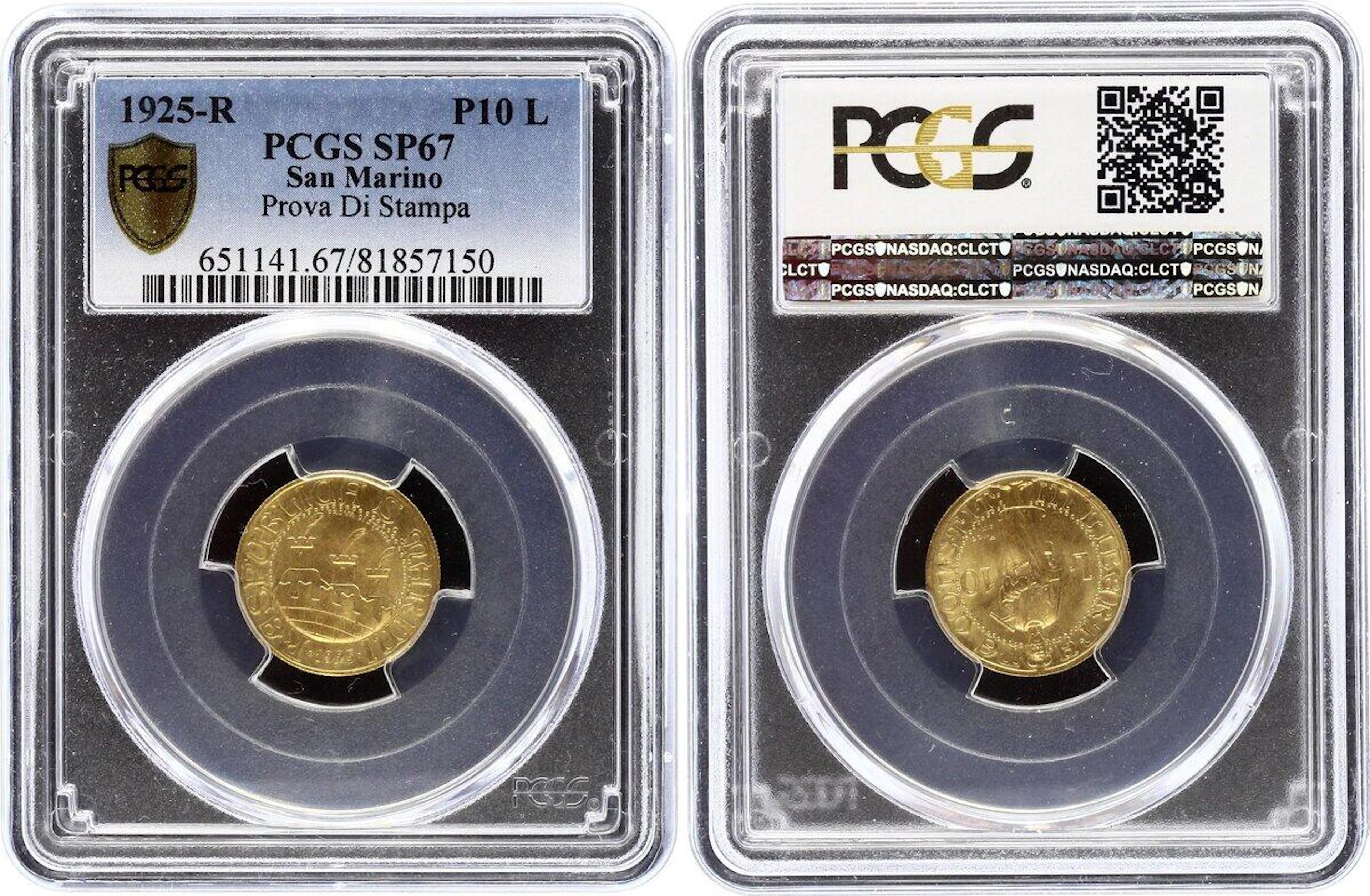 San Marino 10 Lire 1925 R PROVA PCGS SP67