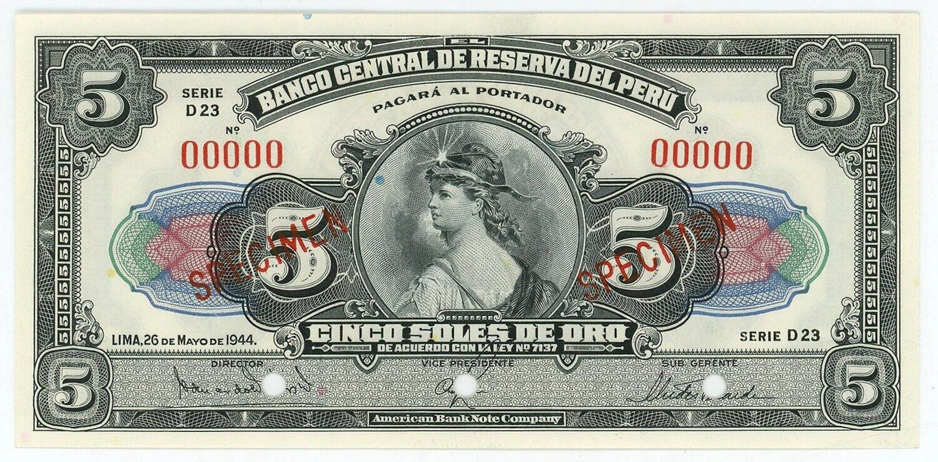 Peru 5 Soles De Oro 1944 Specimen