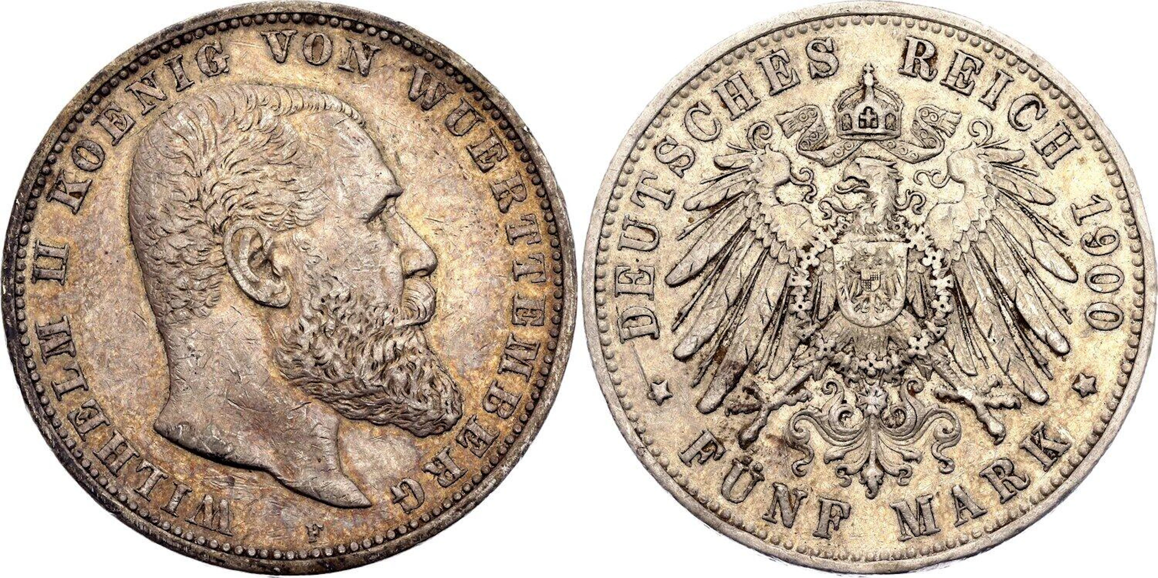Germany - Empire Wurttemberg 5 Mark 1900 F