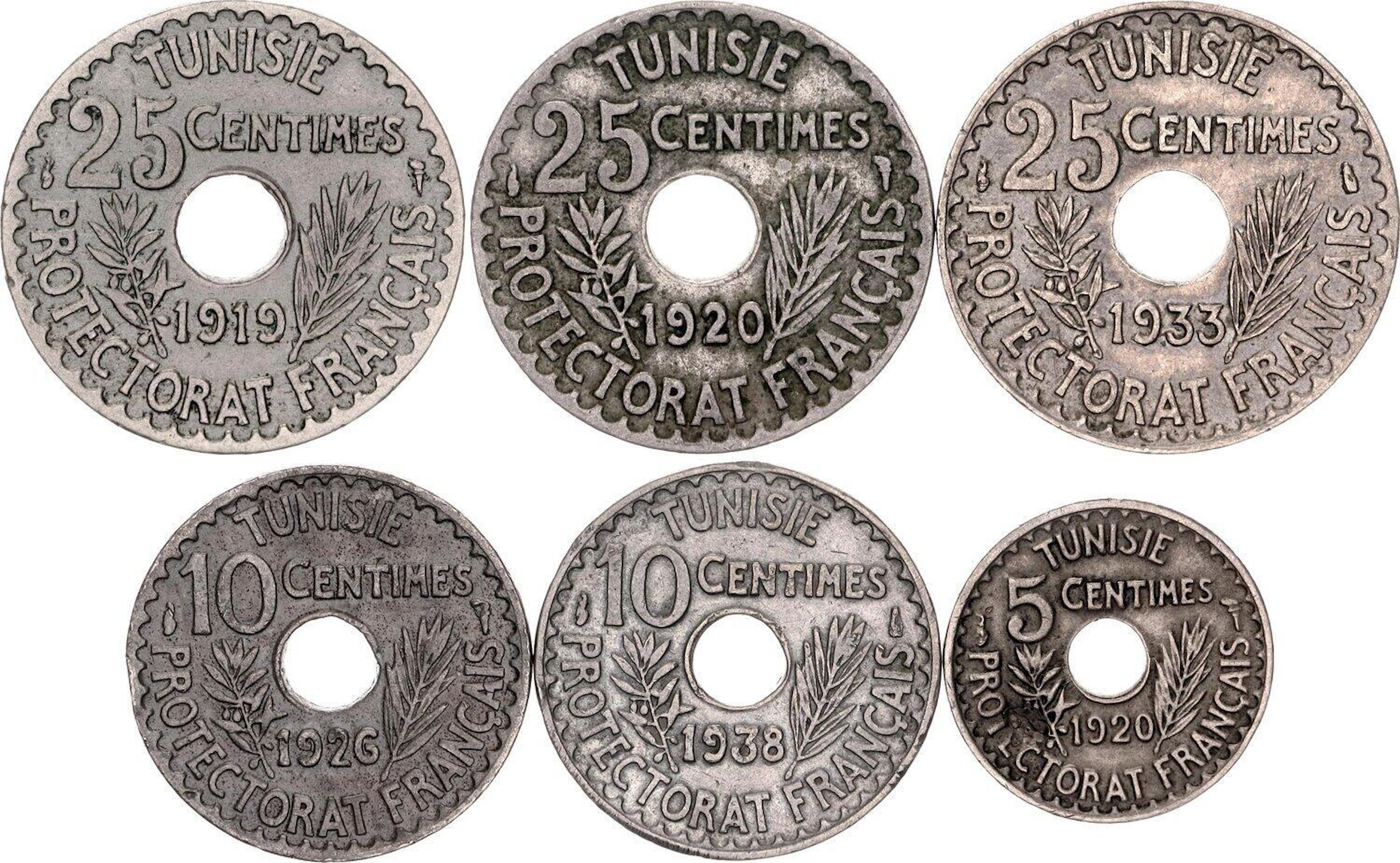 Tunisia Lot of 6 Coins 1919 - 1938 AH 1337 - 1357