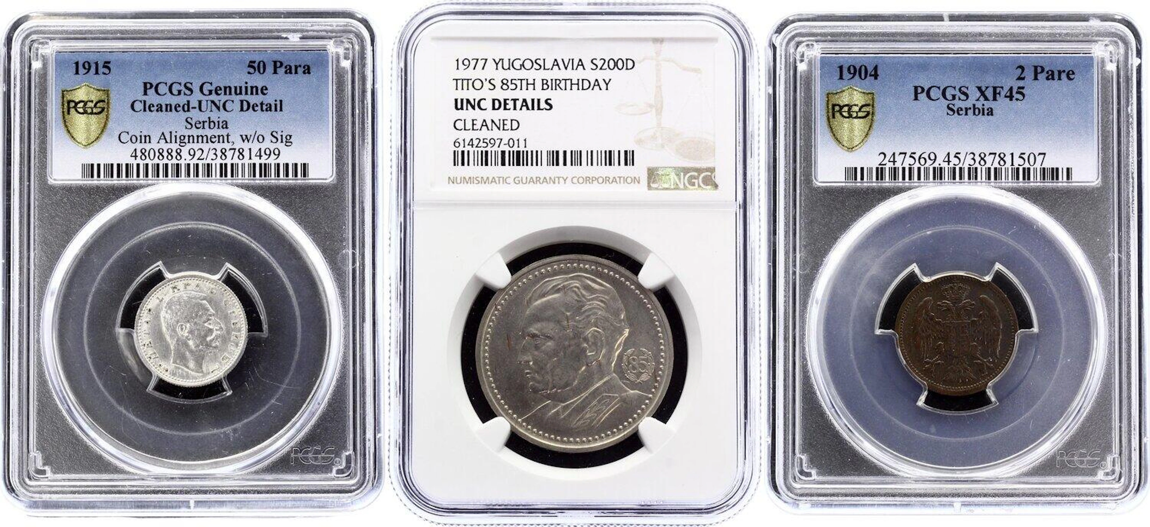 Serbia & Yugoslavia Lot of 3 Coins 1904 - 1977 NGC UNC - PCGS UNC & XF45