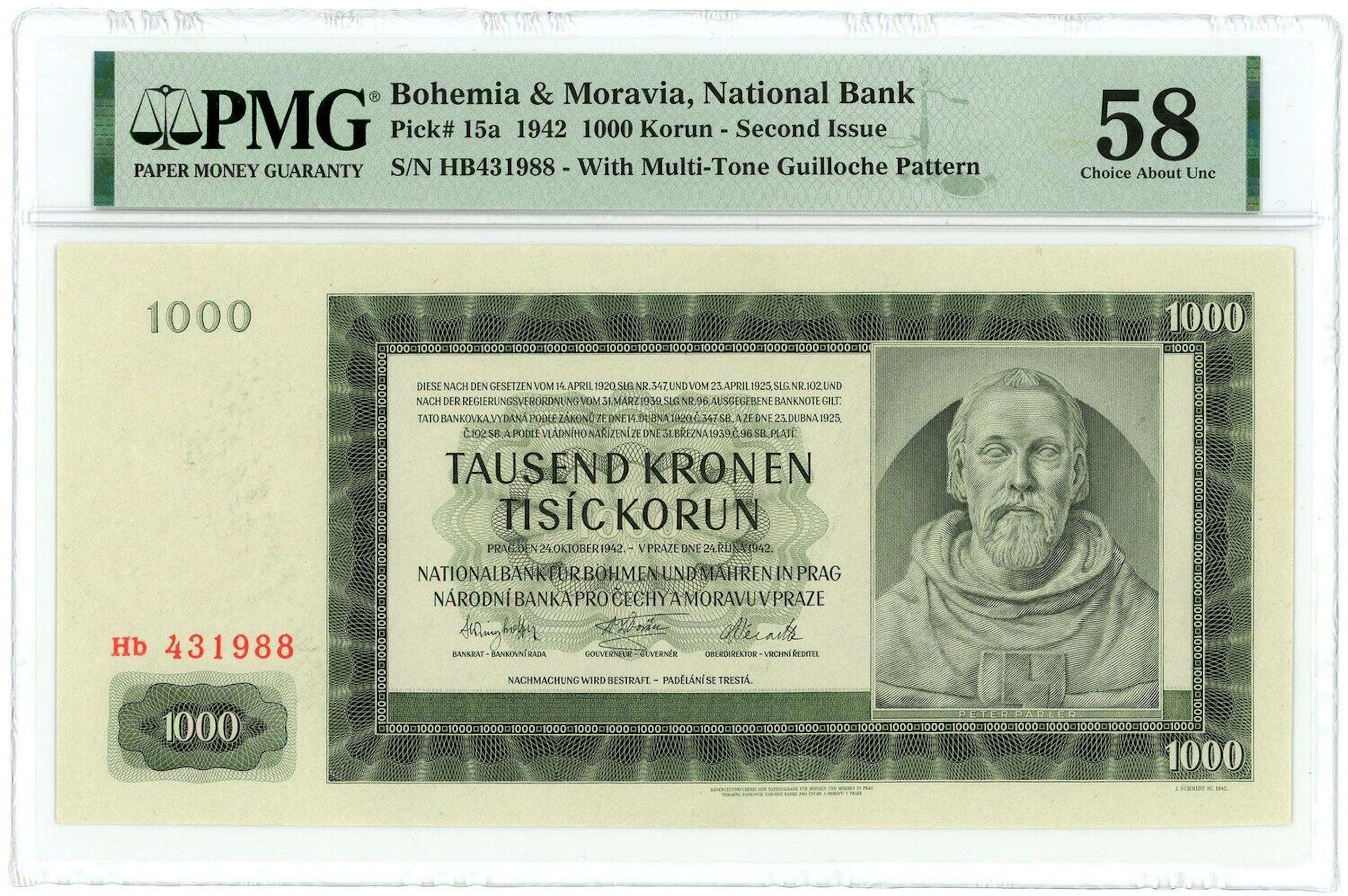 Bohemia & Moravia 1000 Korun 1942 PMG 58 Choice About Unc