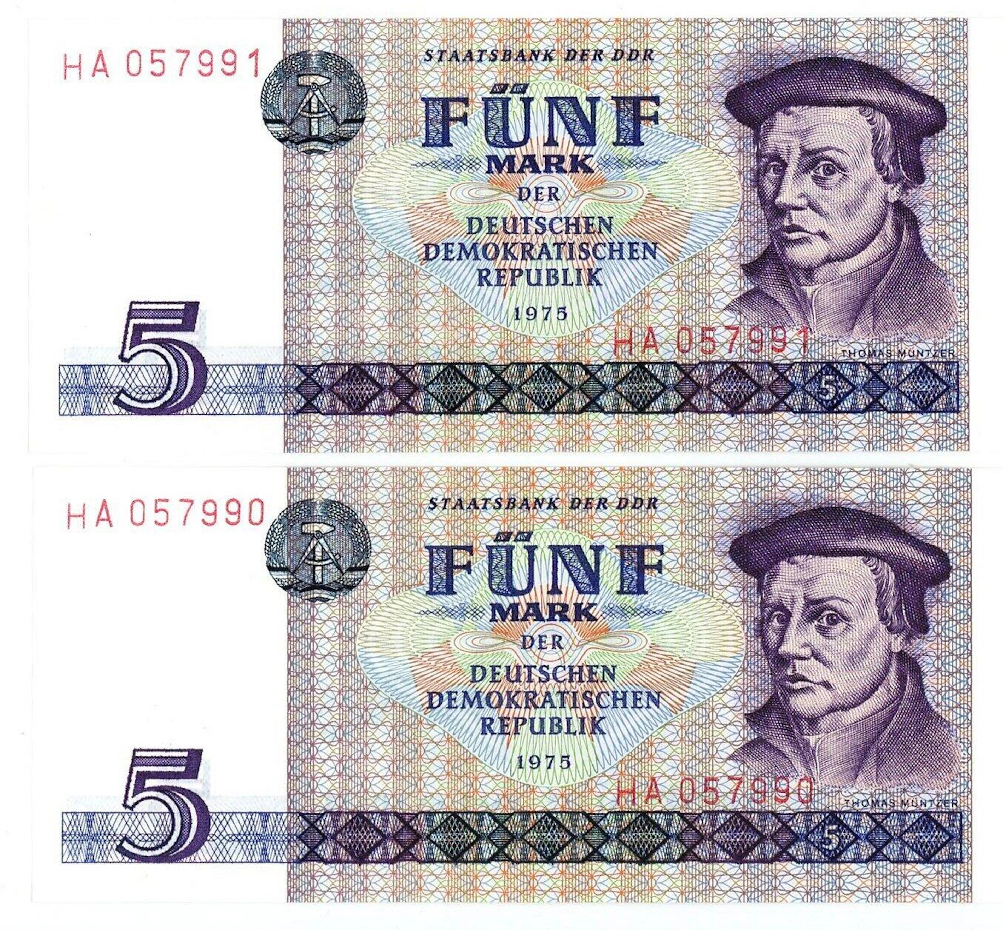 Germany - DDR 2 x 5 Mark 1975 Сonsecutive Pair
