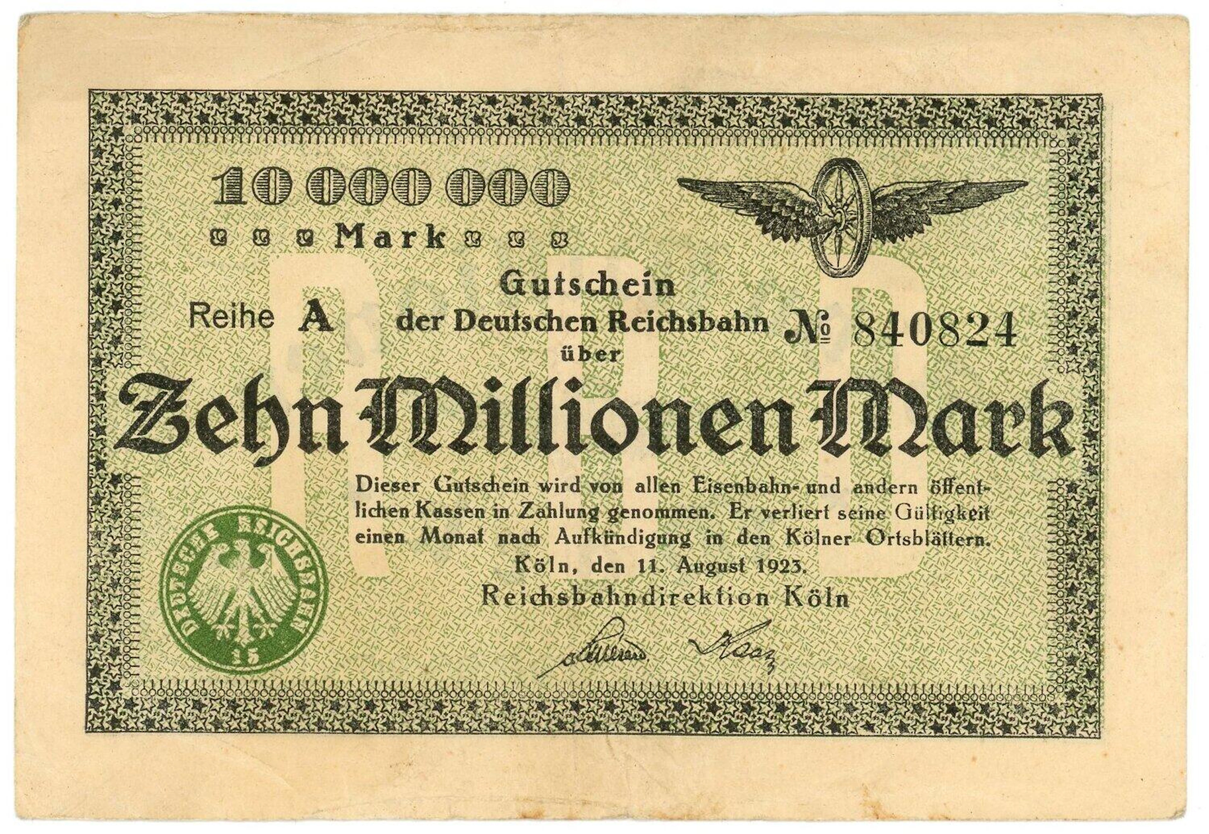 Germany - Weimar Republic Reichsbahndirektion Koln 10 Millionen Mark 1923