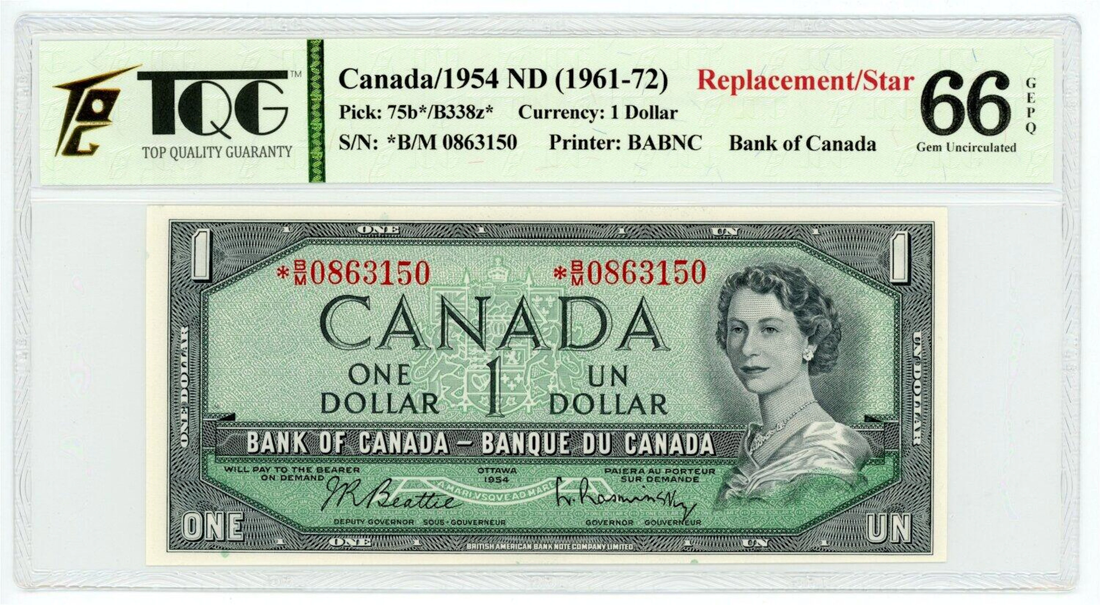 Canada 1 Dollar 1954 Replacement TQG 66 GEPQ Gem Uncirculated