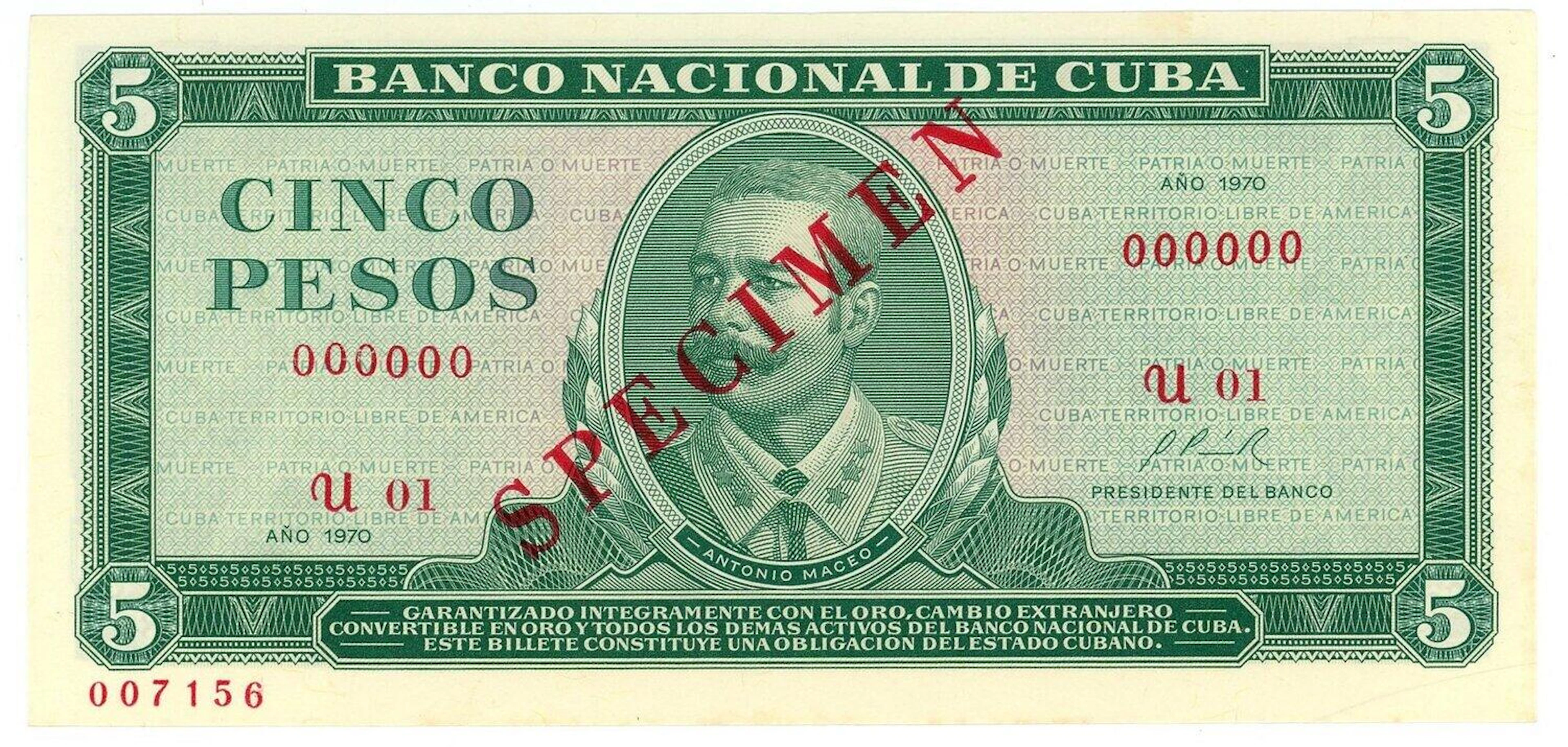 Cuba 5 Pesos 1970 Specimen