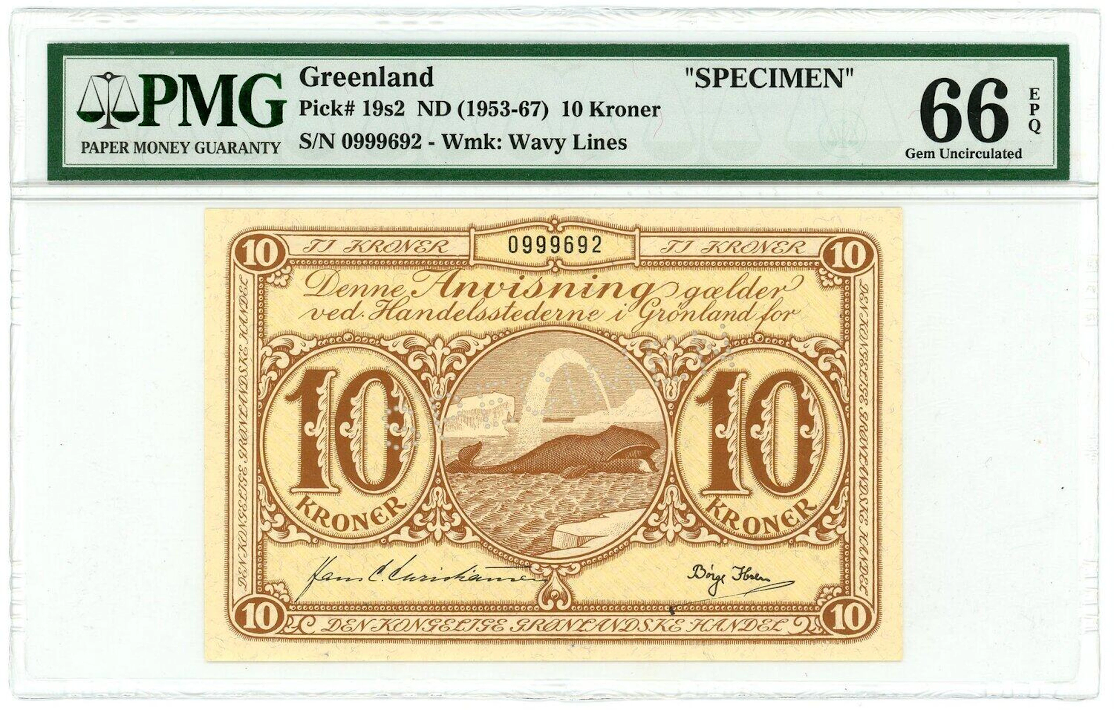Greenland 10 Kroner 1953 - 1967 (ND) Specimen PMG 66 EPQ Gem Uncirculated