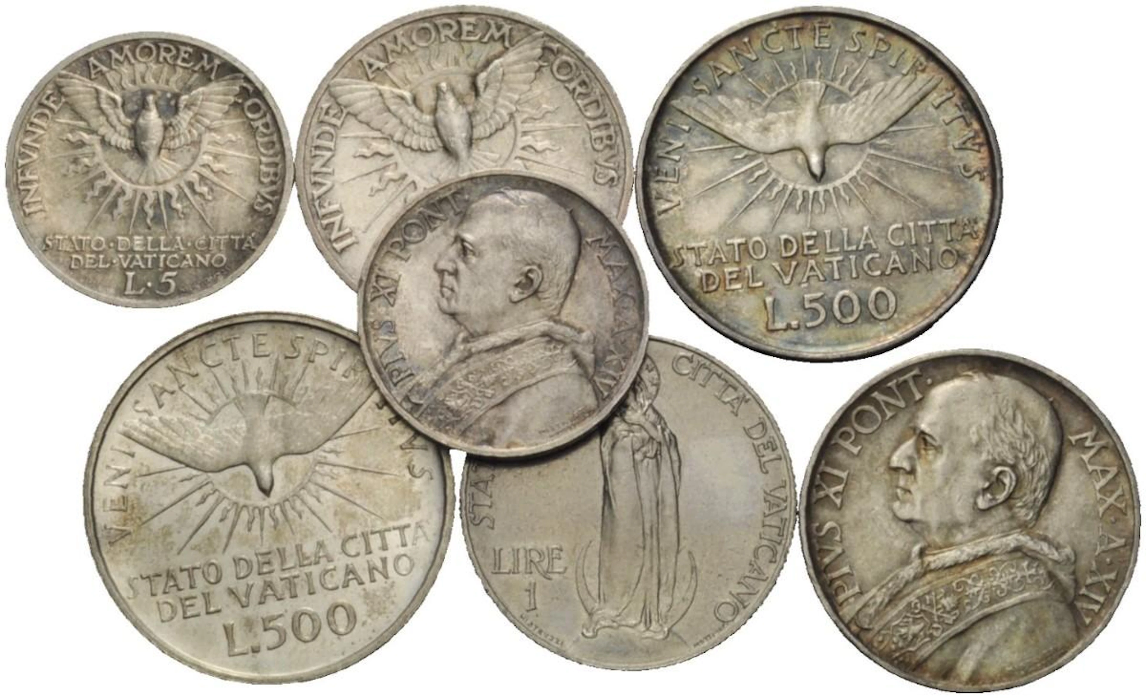 Lotto di sette monete. Città del Vaticano. Pio XI, 1929-39.