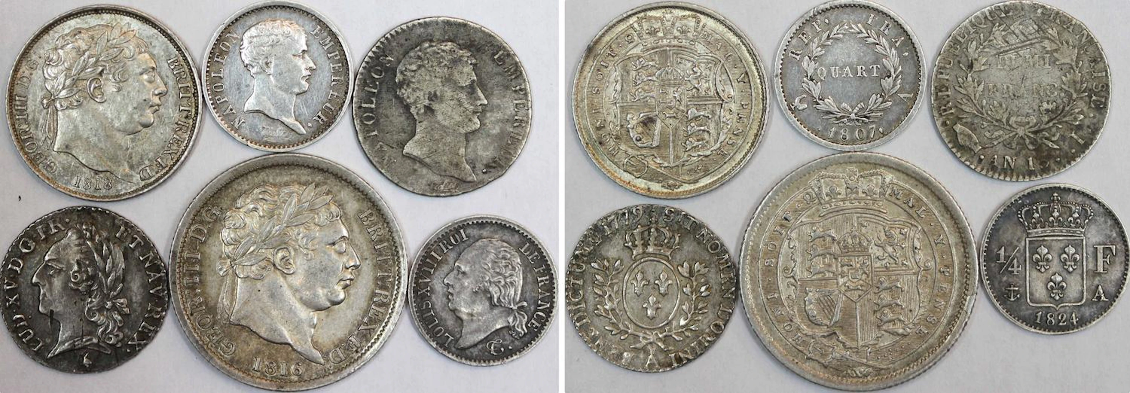 France/Angleterre : lot de 6 monnaies dont quart de franc tête de nègre 1807