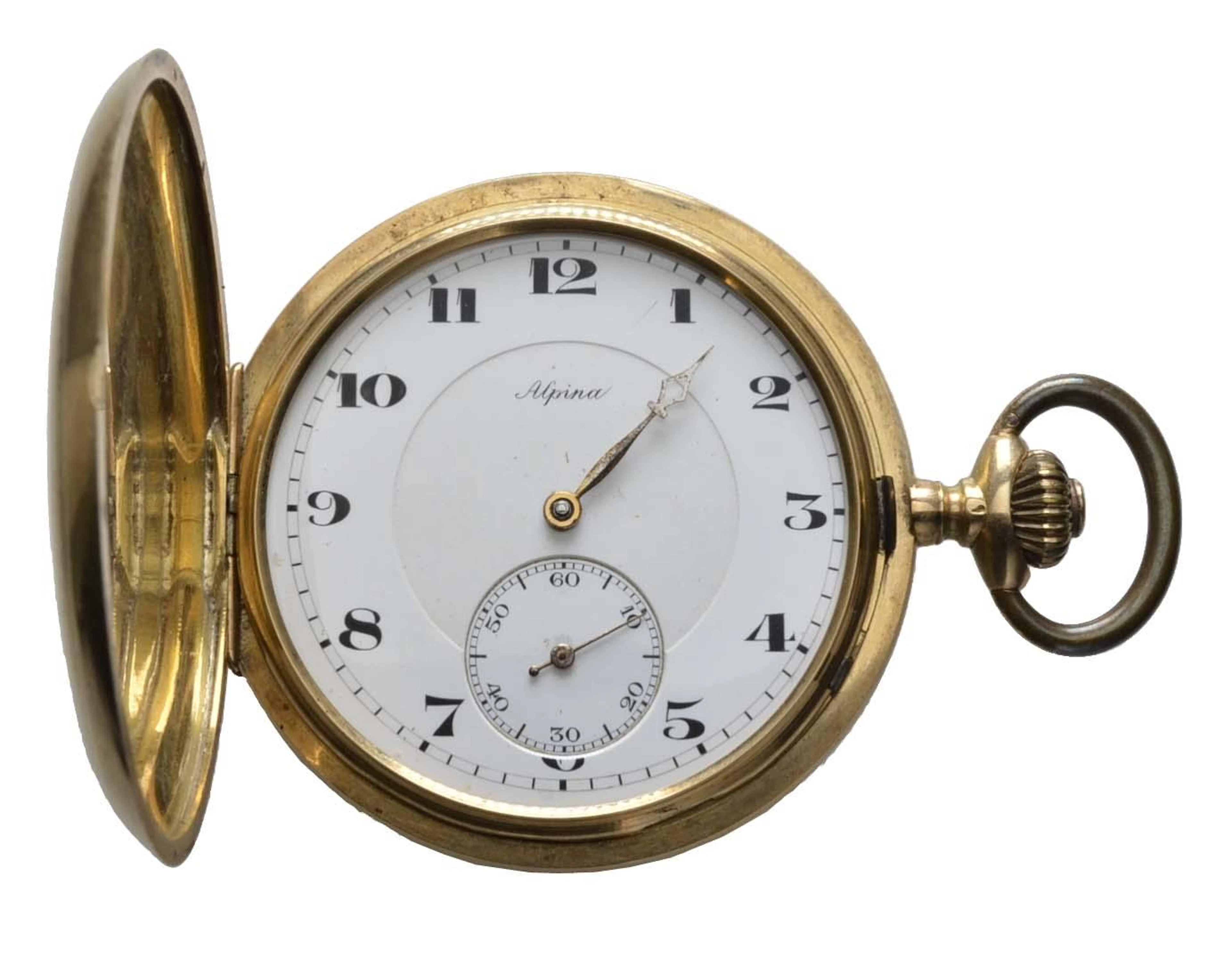 goldene Taschenuhr Alpina mit feiner Gravur WG auf dem Uhrdeckel