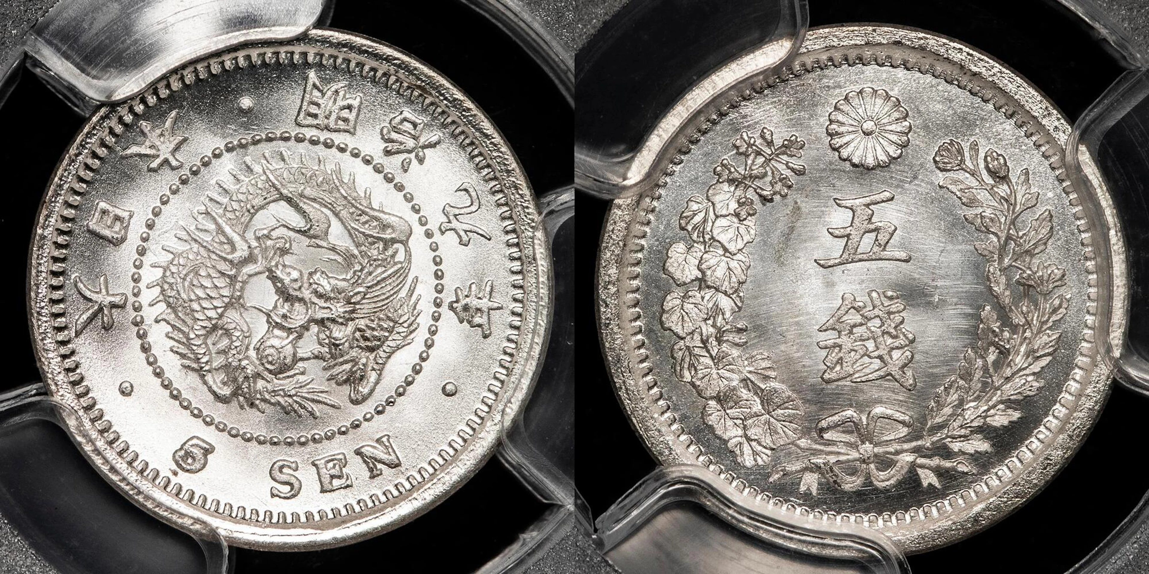 日本 / 竜五銭銀貨 Dragon 5Sen 明治9年（1876） / JNDA01-35 KM-Y22 ハネ明...