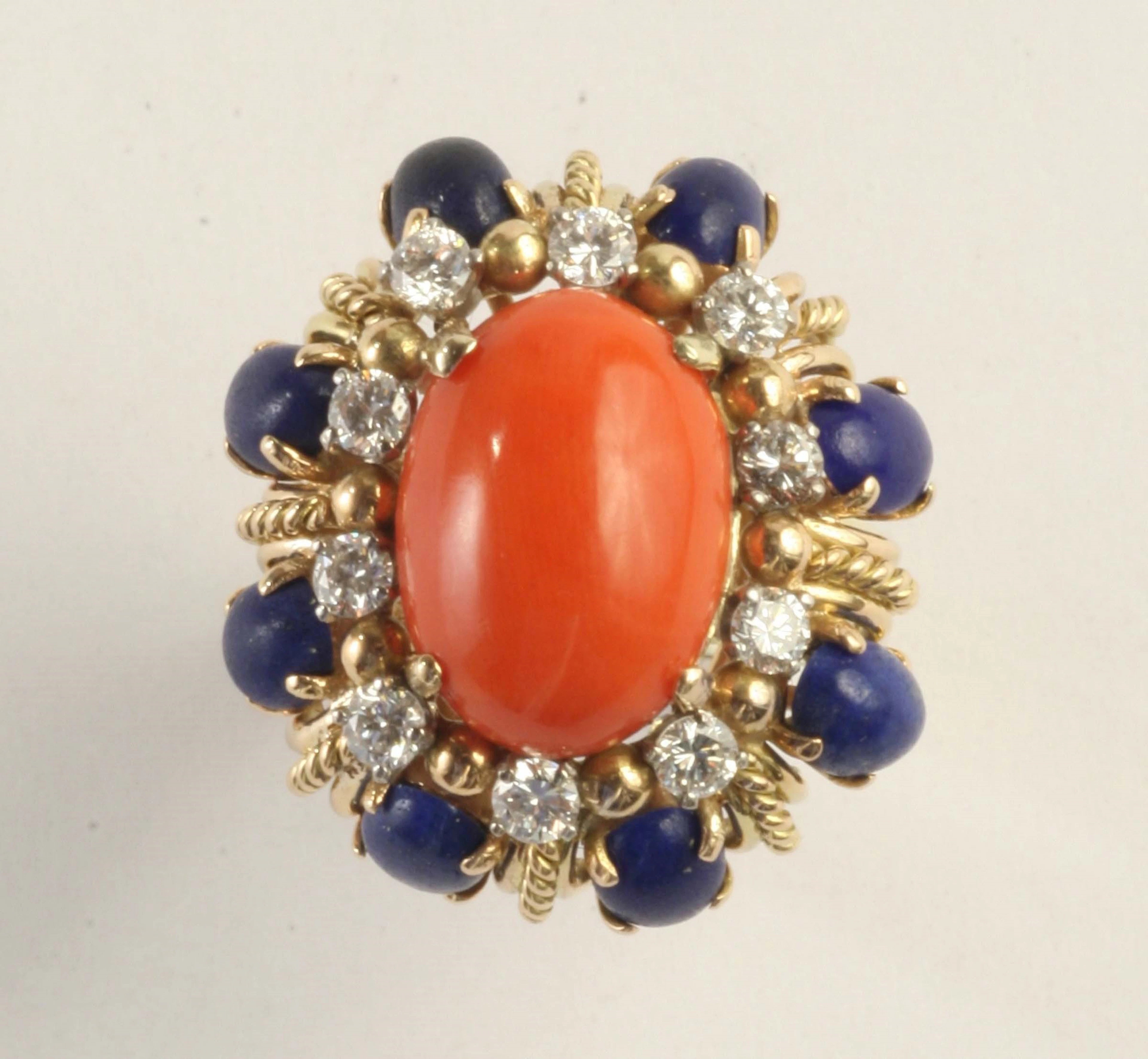 Anello con corallo, lapislazzuli e diamanti