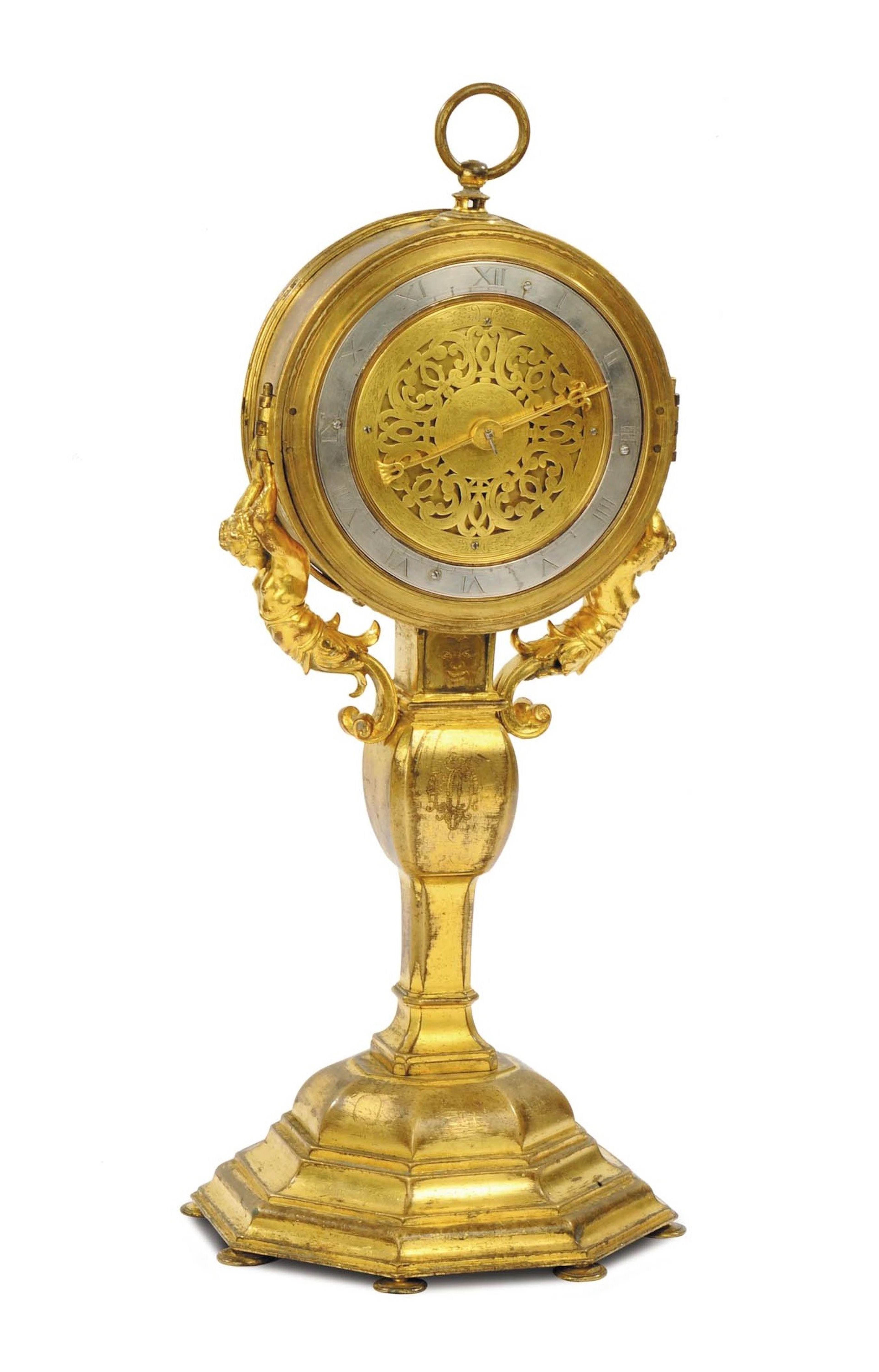 Orologio ostensorio in bronzo e rame inciso, dorato e argentato, Germania