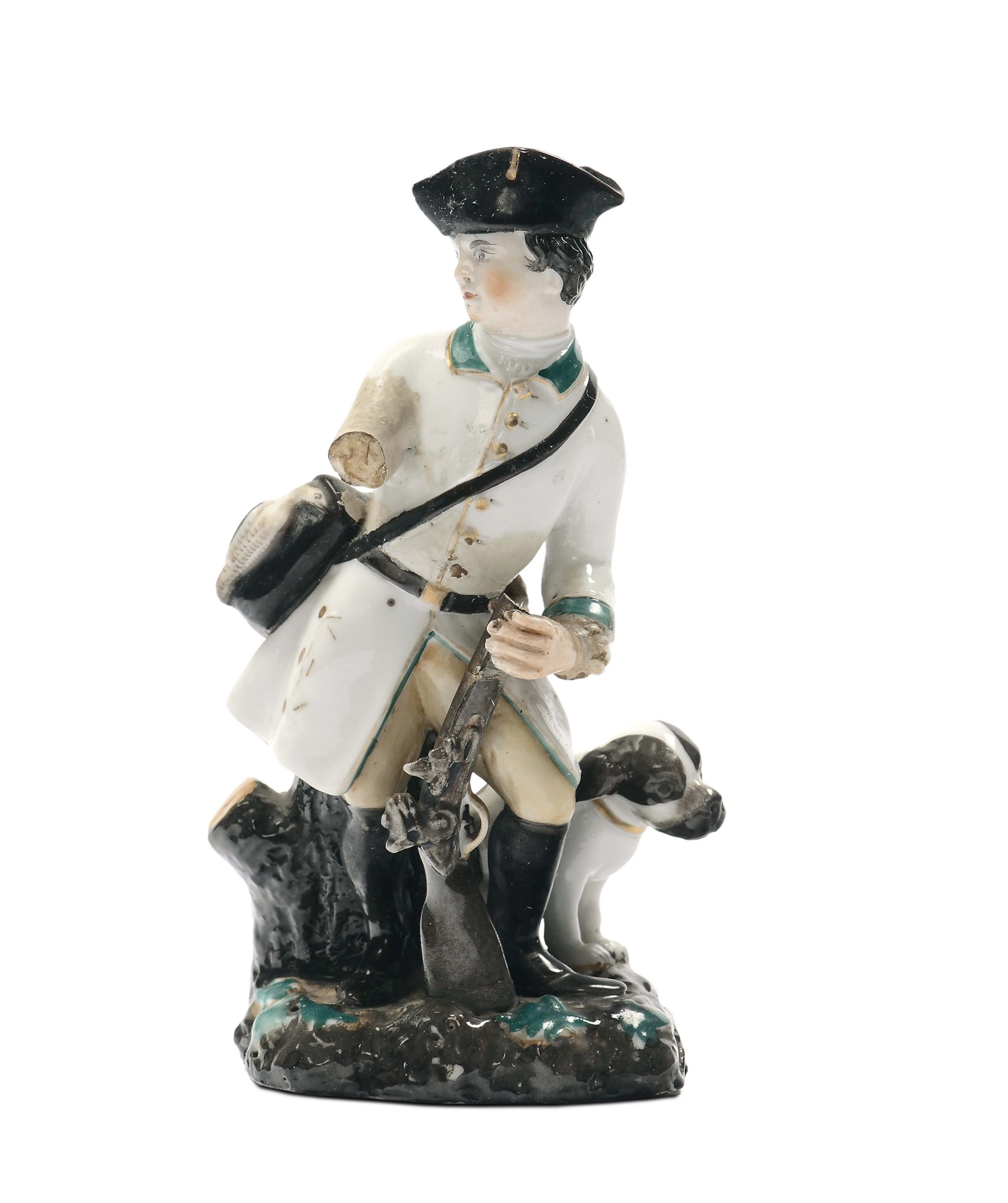 Figuretta in porcellana policroma raffigurante paggio cacciatore con