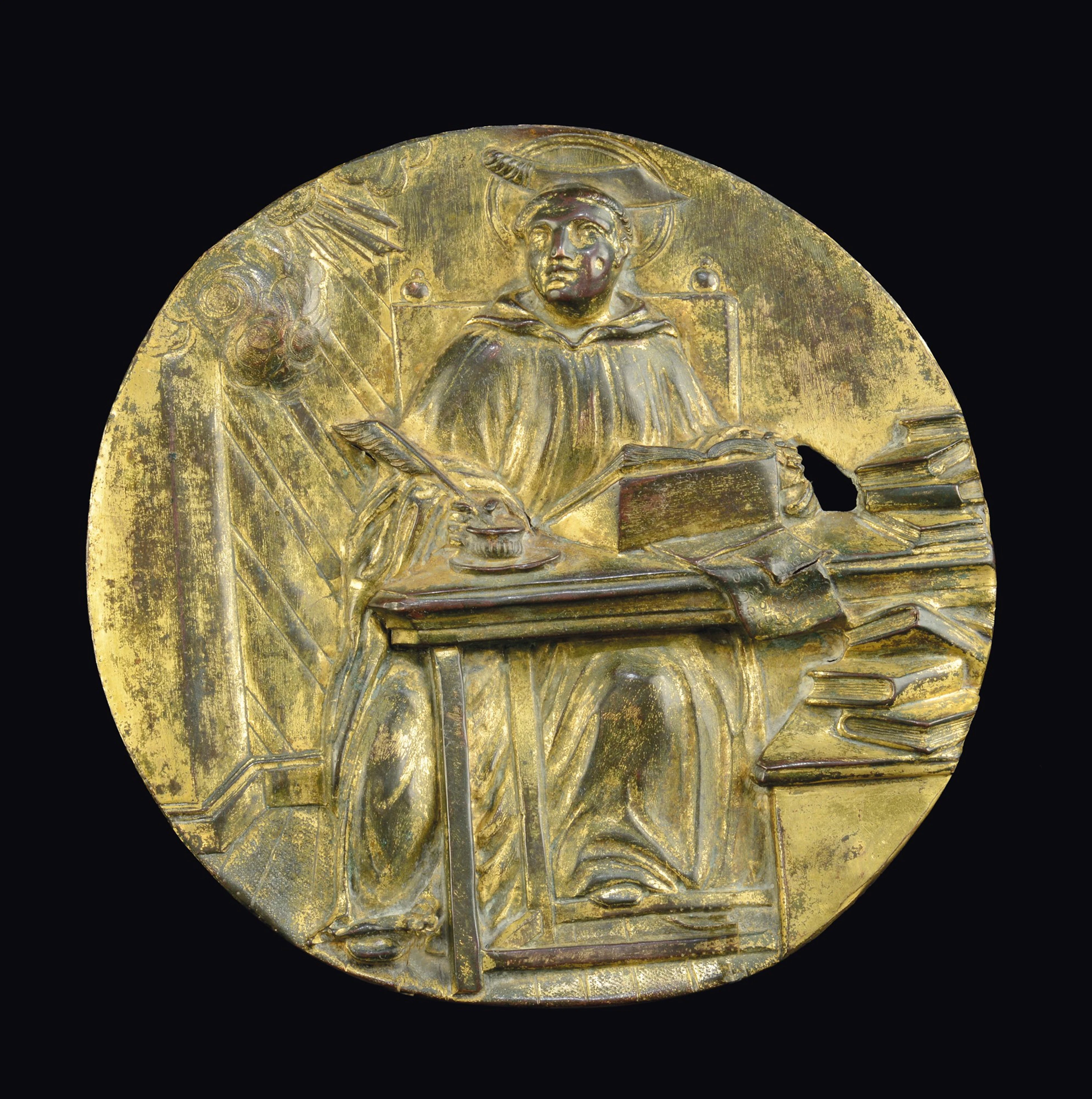 St Peter Martyr, gilt copper round plate, central Italian art, 17th century