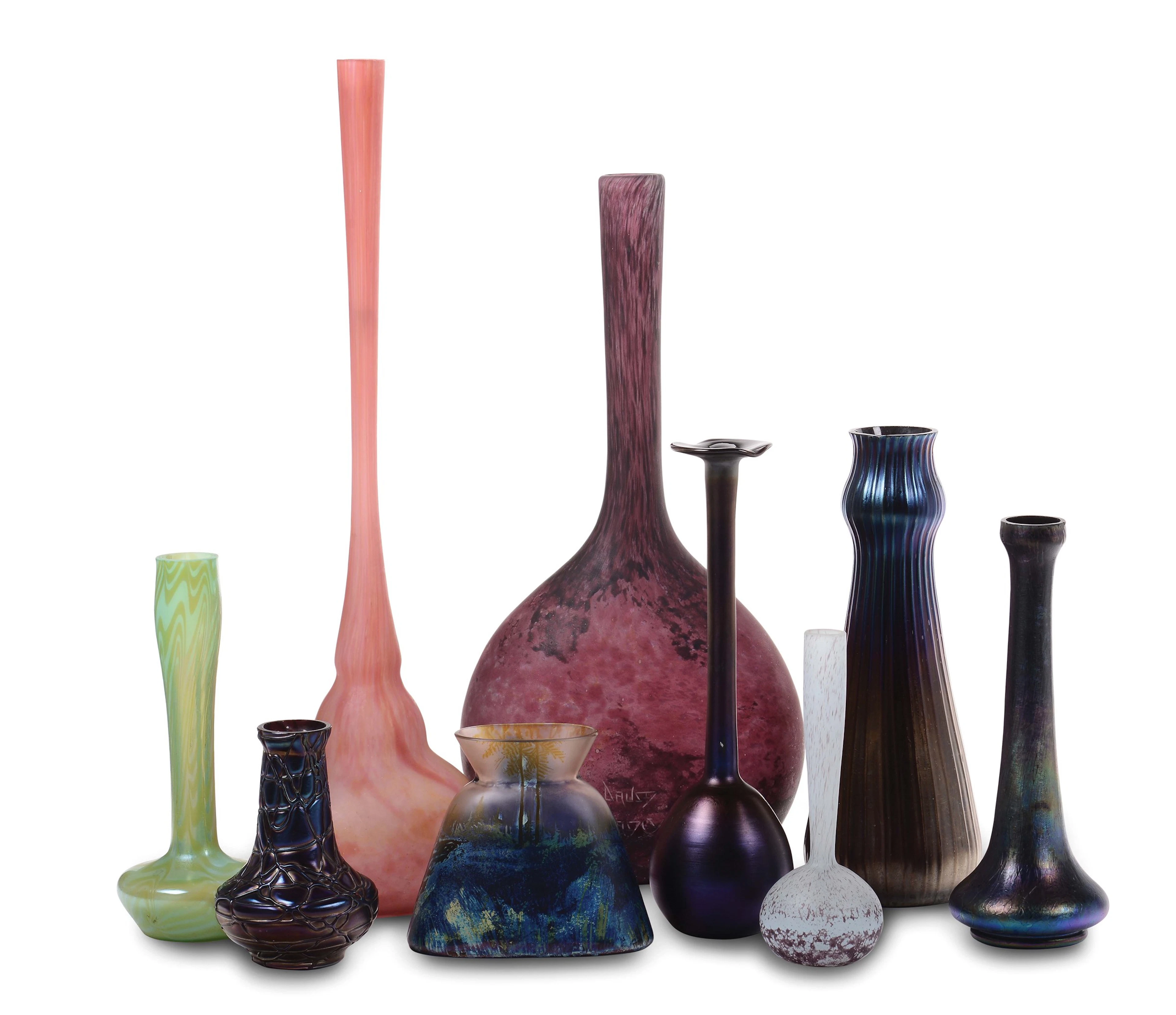 A lot of nine glass vases