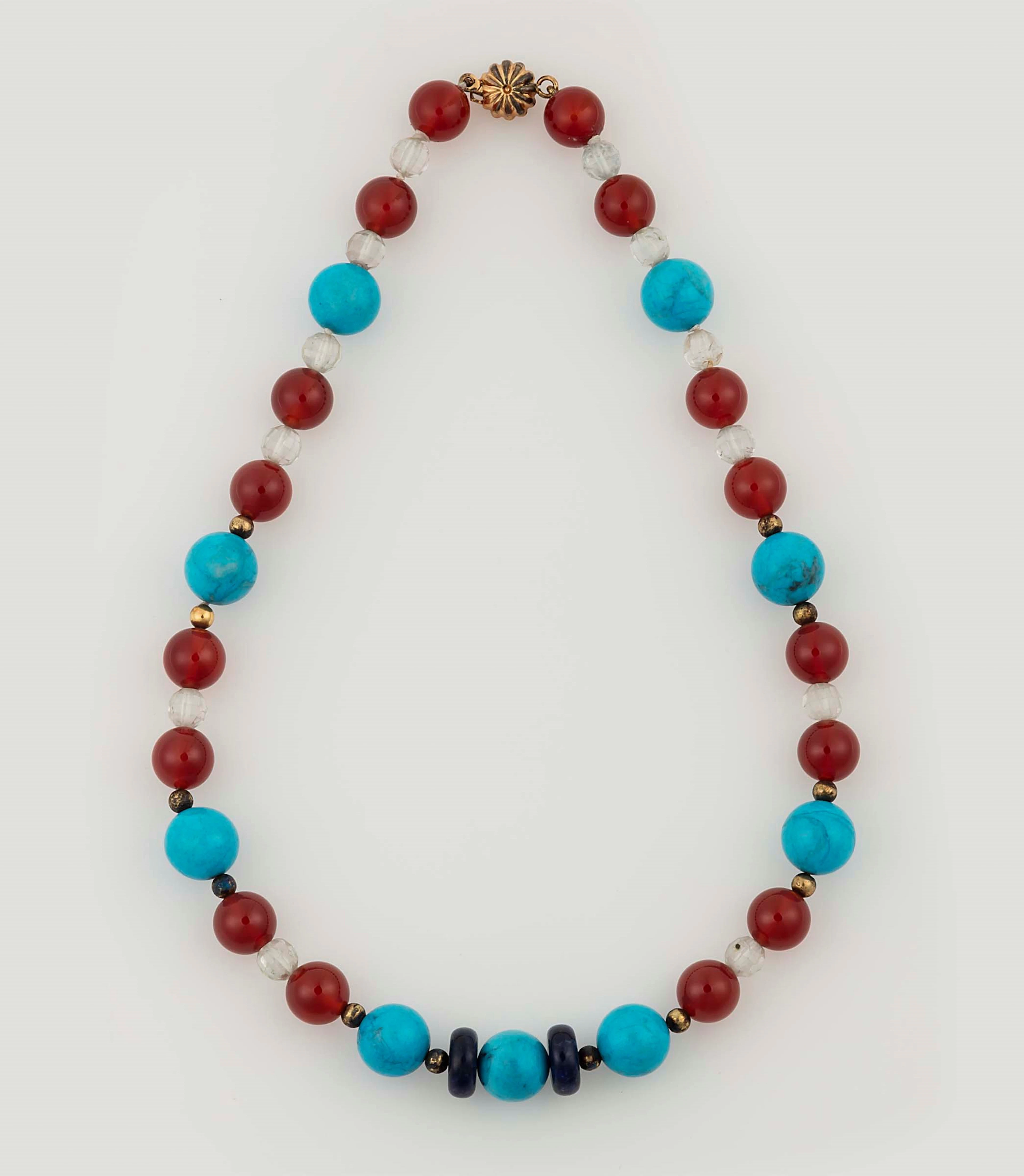 Collana con boule di turchese, corniola e cristallo di rocca