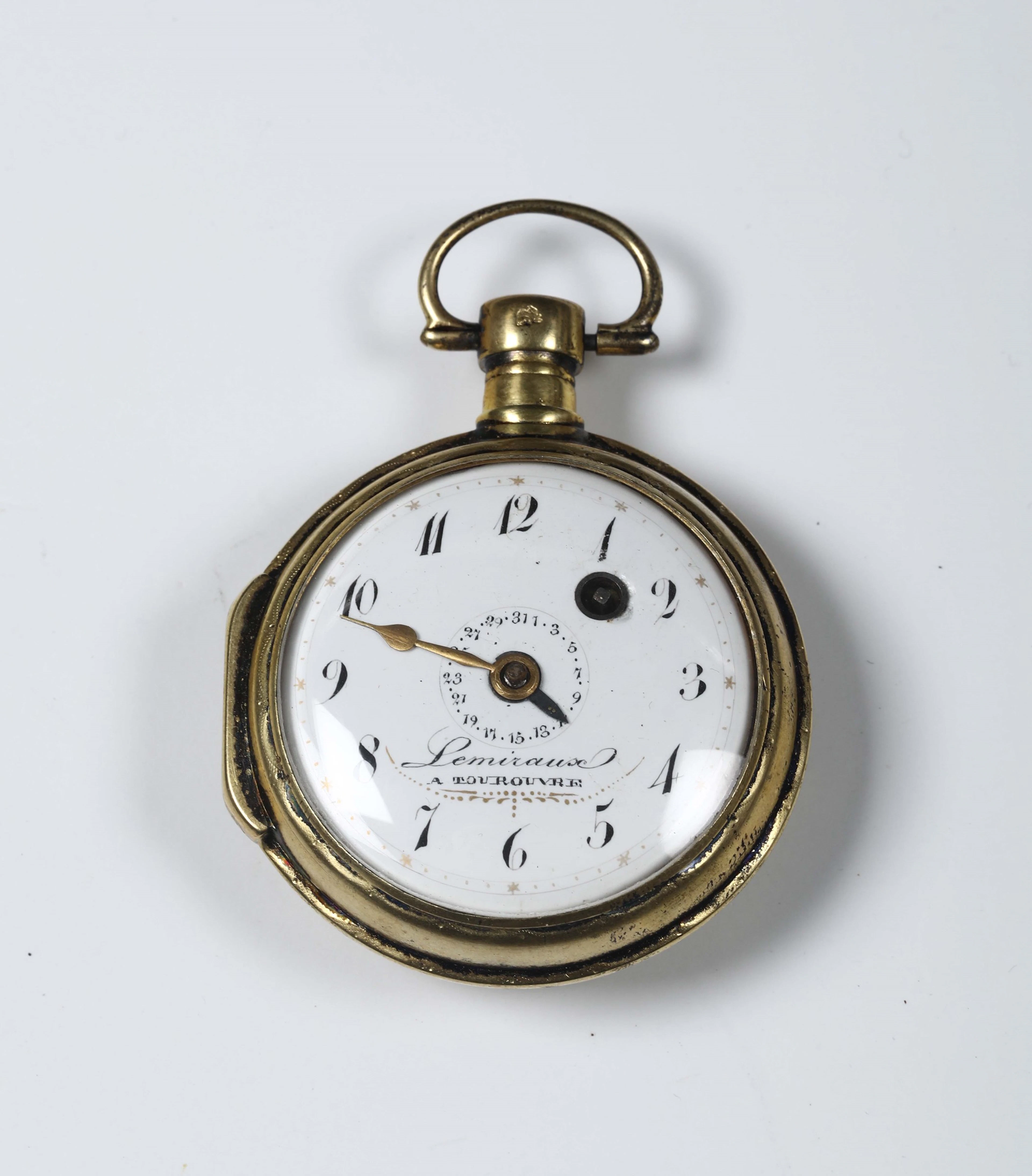 Orologio da tasca in argento dorato firmato Lemiraux con calendario