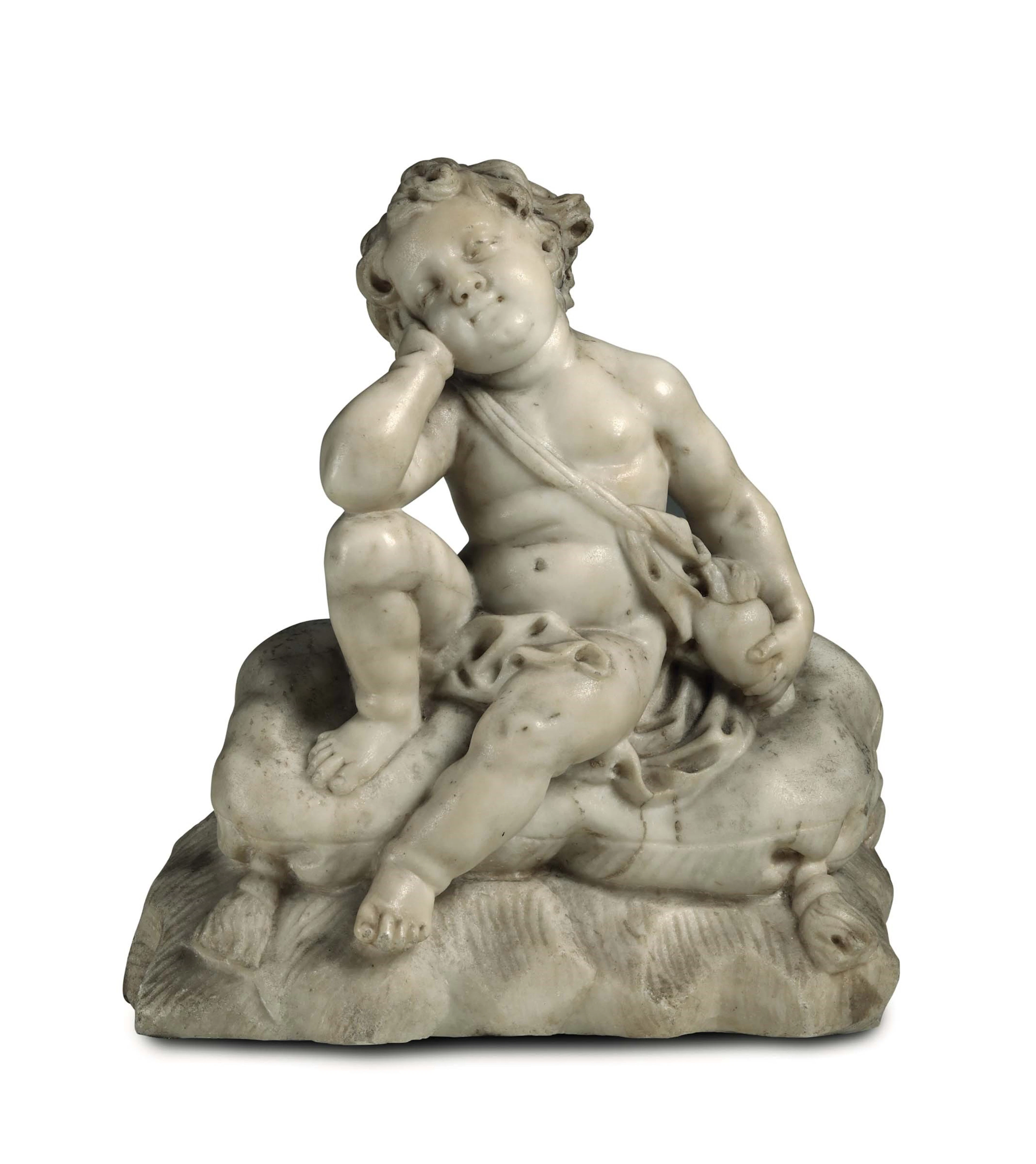A dreaming putto in white marble. Italian Baroque sculptor active