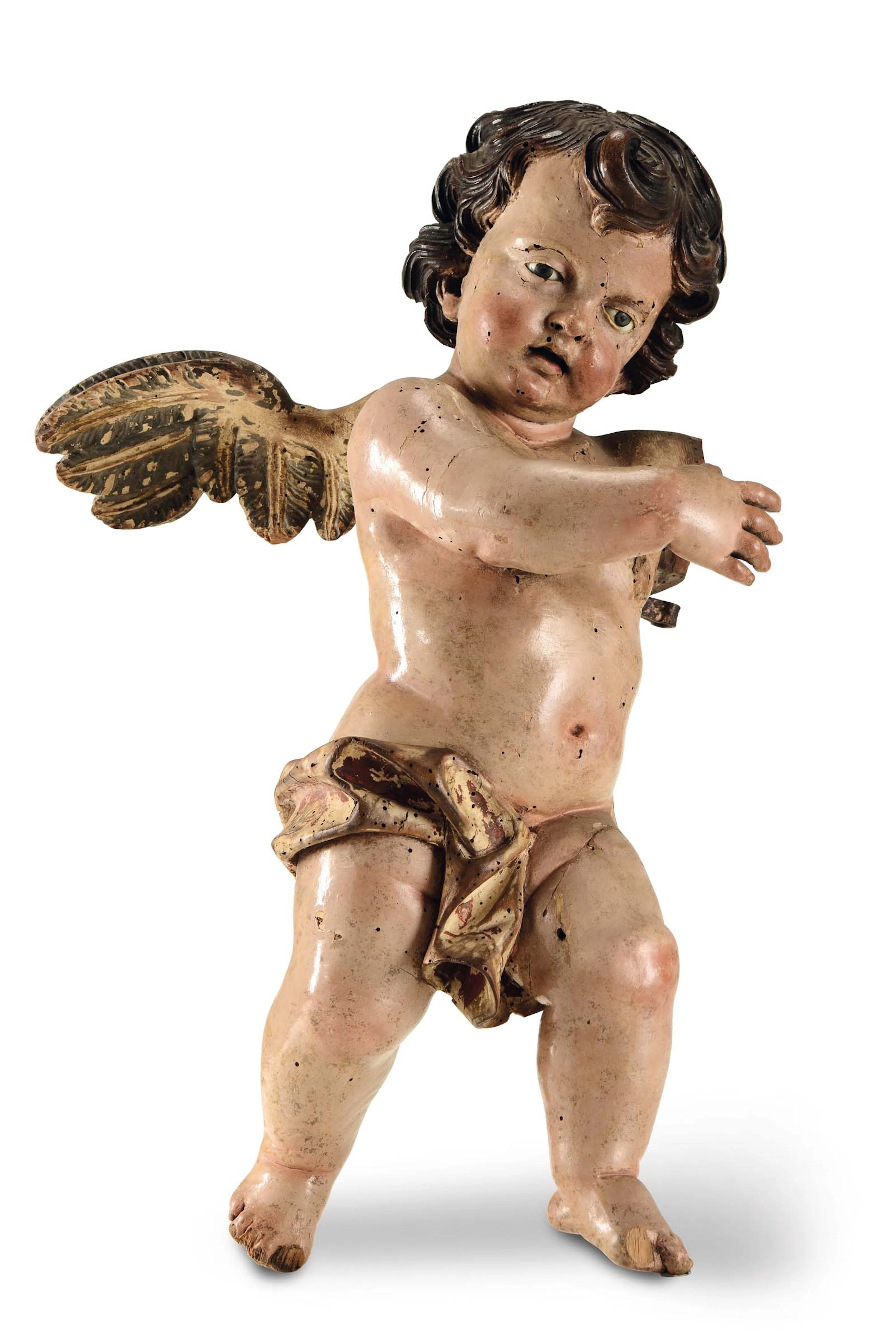 A putto in polychrome and gilded wood, Genoese Baroque sculptor from