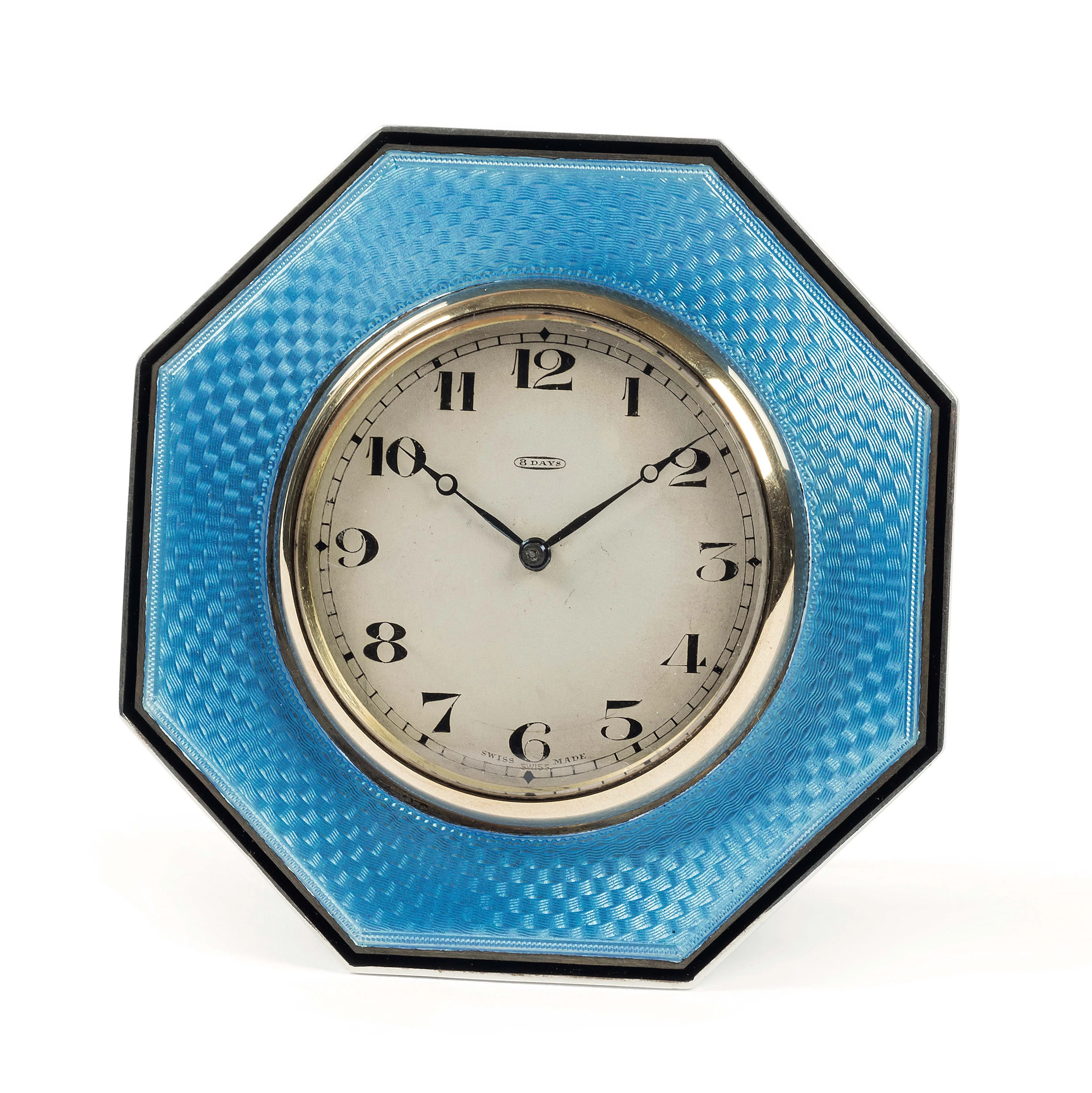 Unsigned. Very fine, silver, enamel, eight-day table clock. Made circa 1920