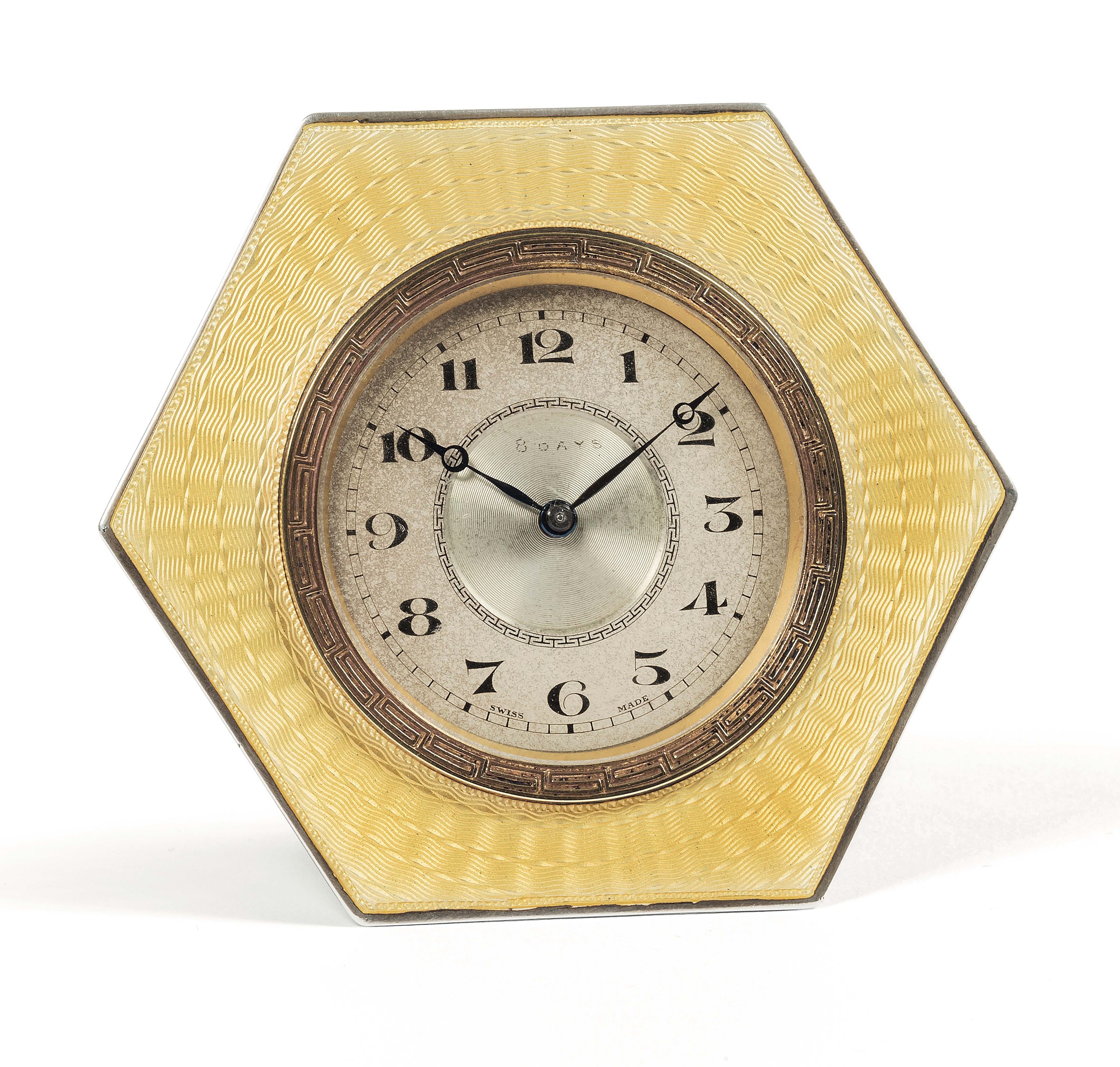 Unsigned. Very fine, silver, enamel, eight-day table clock. Made circa 1920