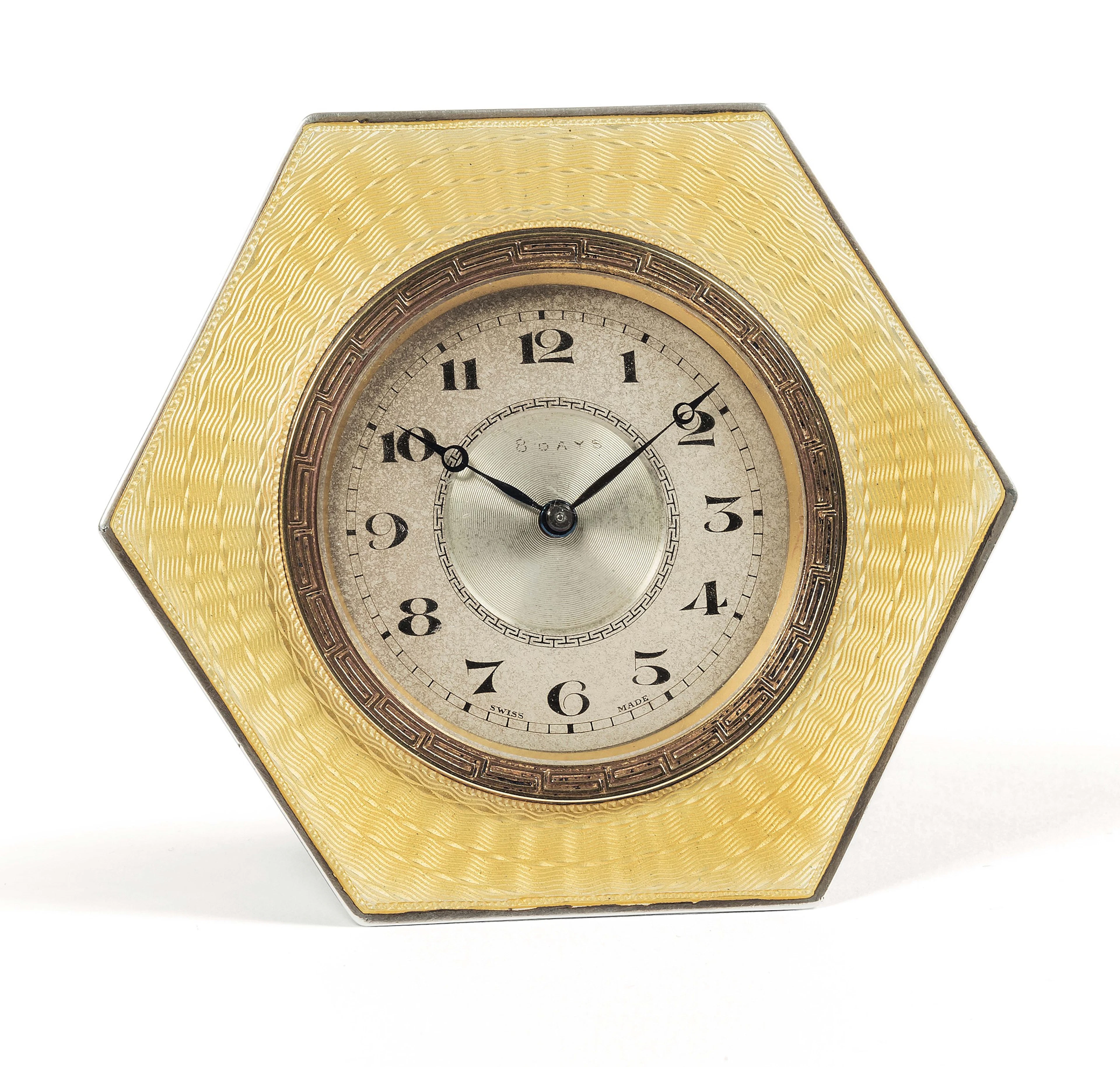 Unsigned. Very fine, silver, enamel, eight-day table clock. Made circa 1920