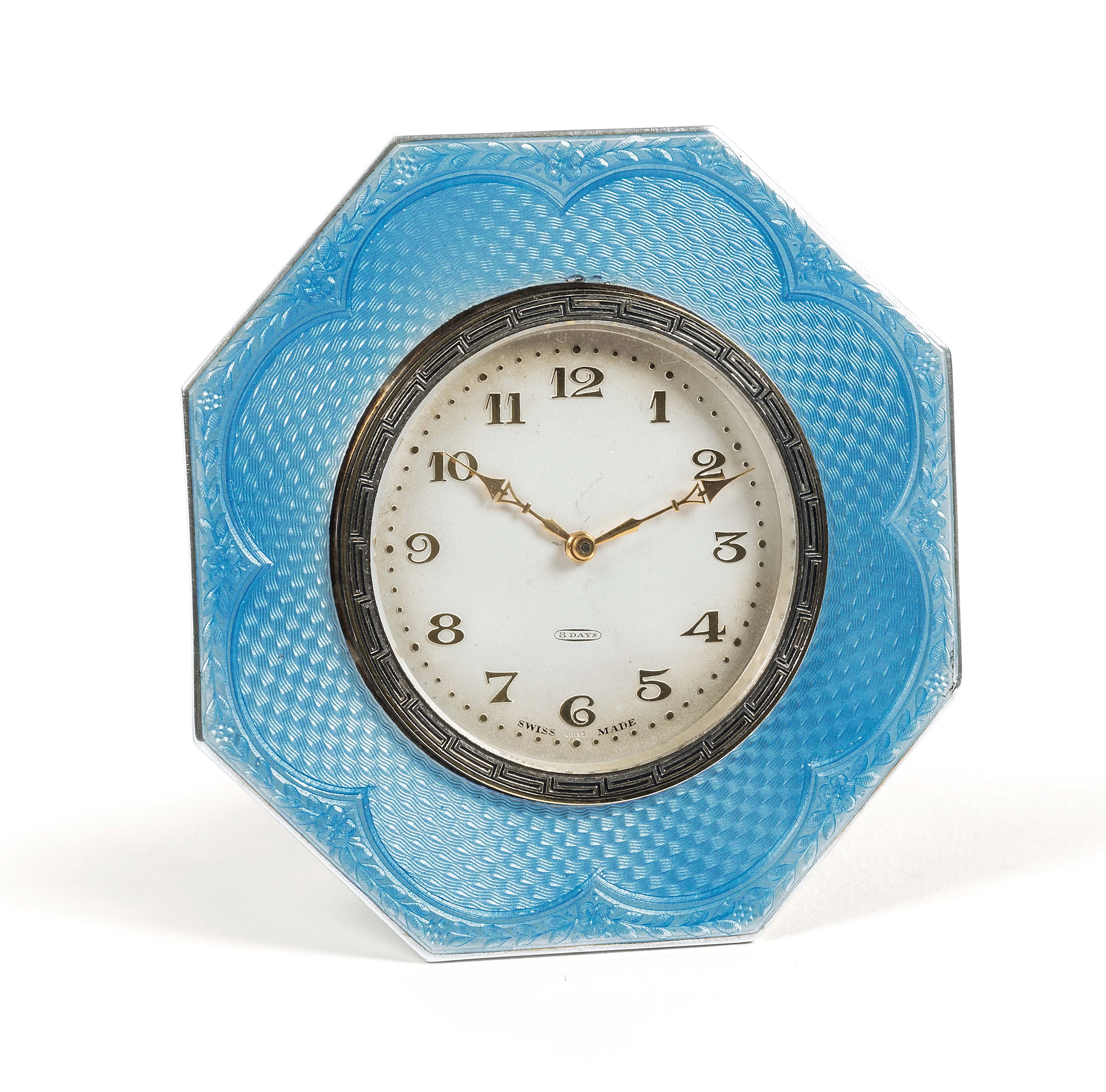 Unsigned. Very fine, silver, enamel, eight-day table clock. Made circa 1920