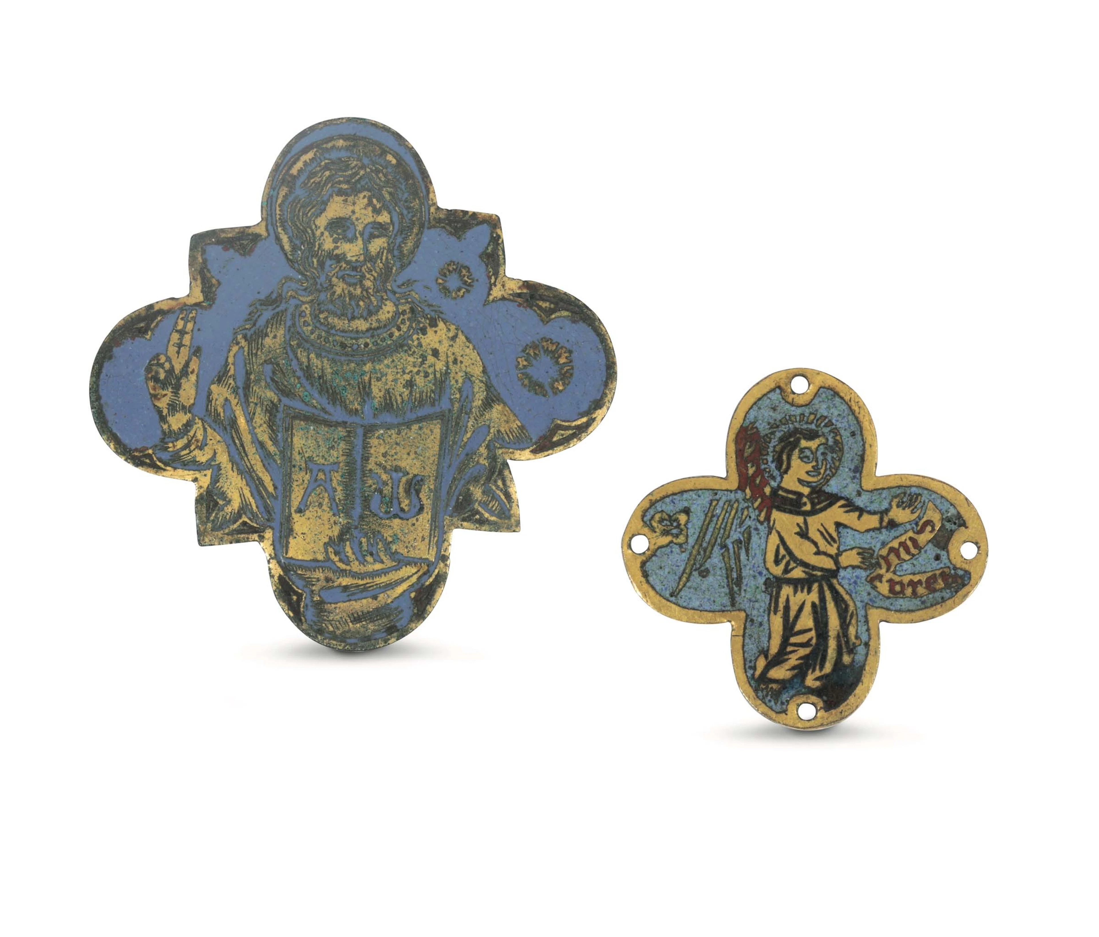 Two small lobate plaquettes in bronze and enamels