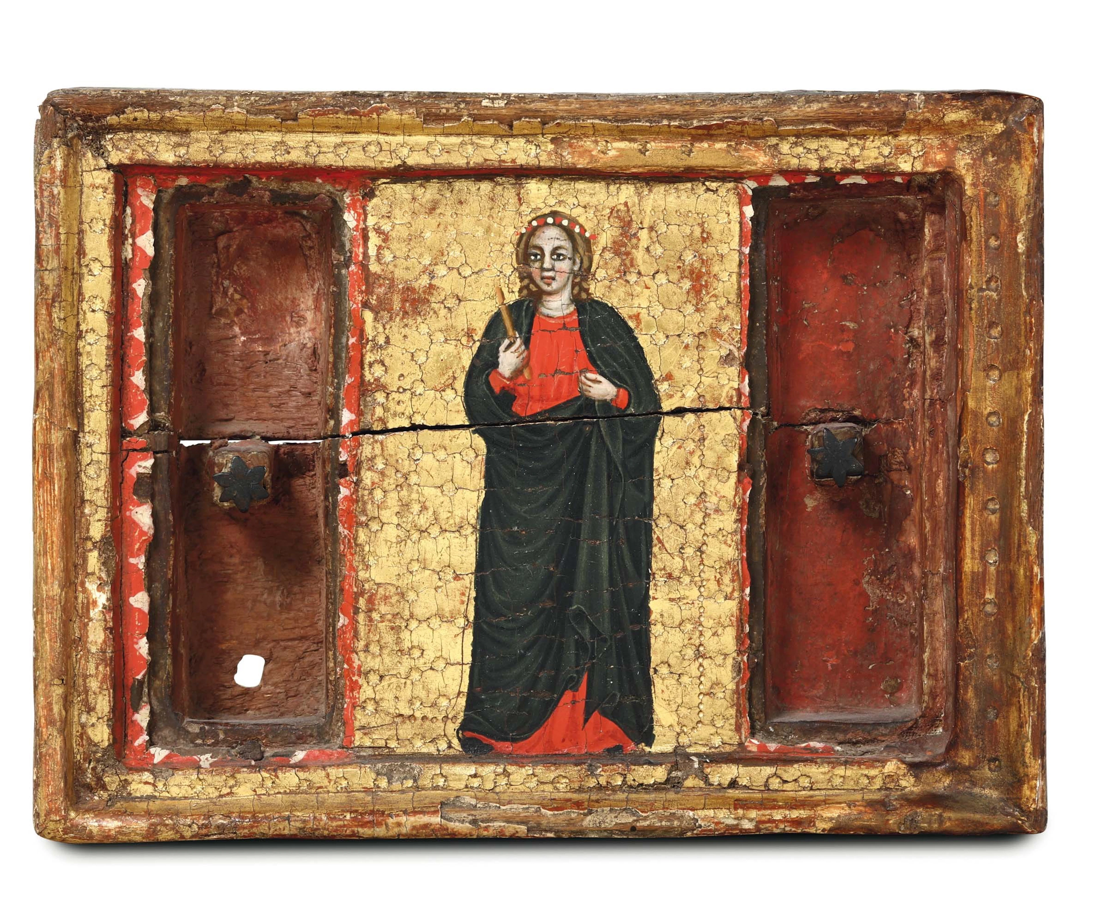 A rare reliquiary with an image of a Saint (Apollonia?) on a gold backdrop