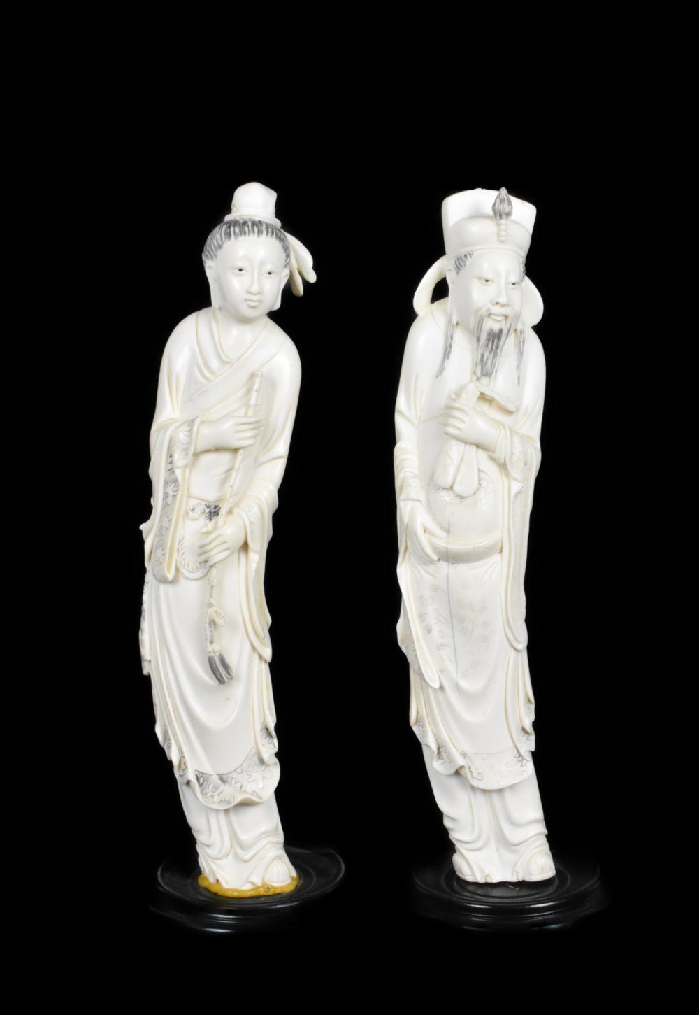 Two Chinese Immortal Carved Figures, each mounted to wood stands, each 12" h.