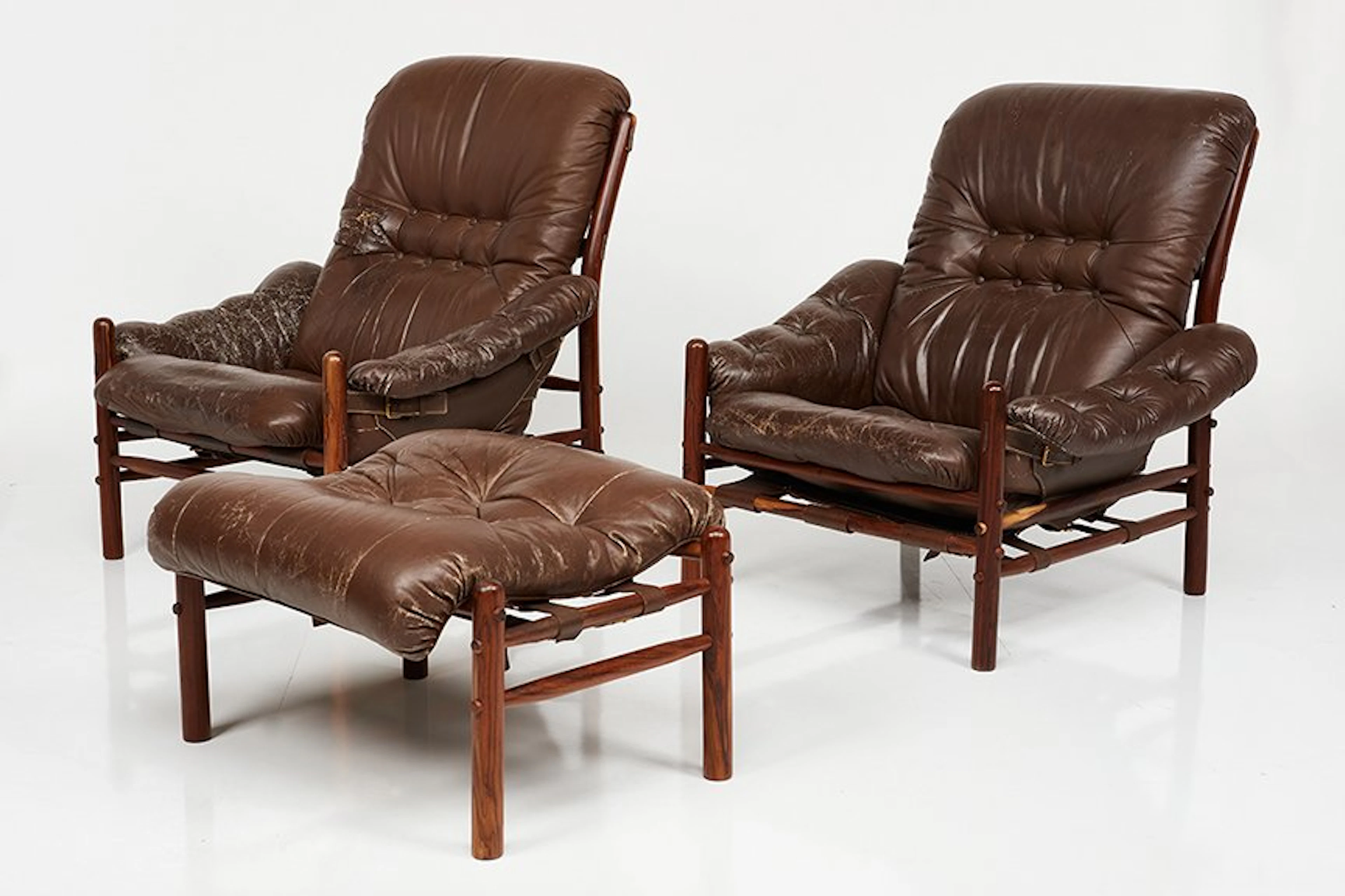 Pair of lounge chairs and ottoman, 1960s