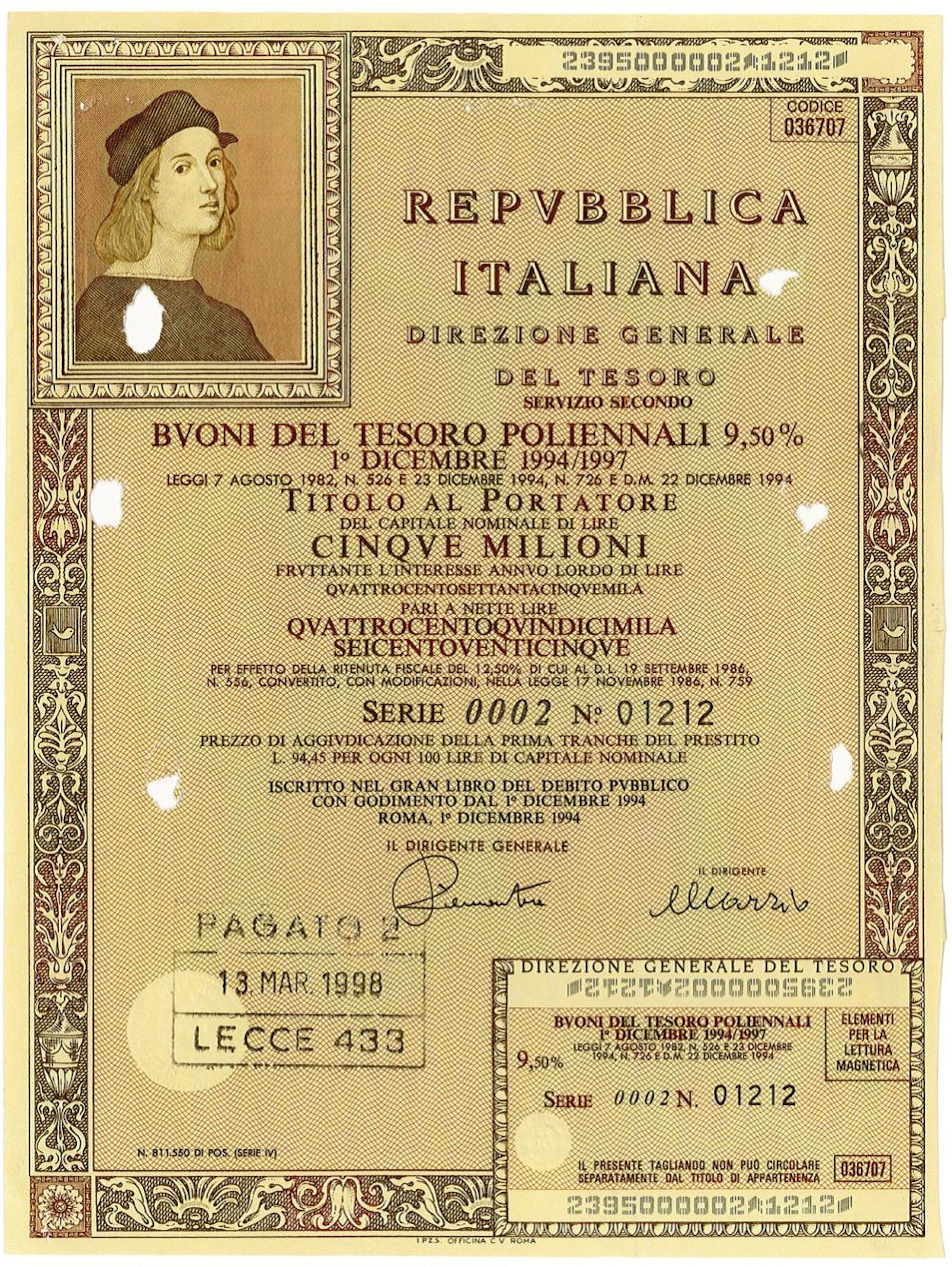 Repubblica Italiana - Buoni del Tesoro poliennali 9,50%