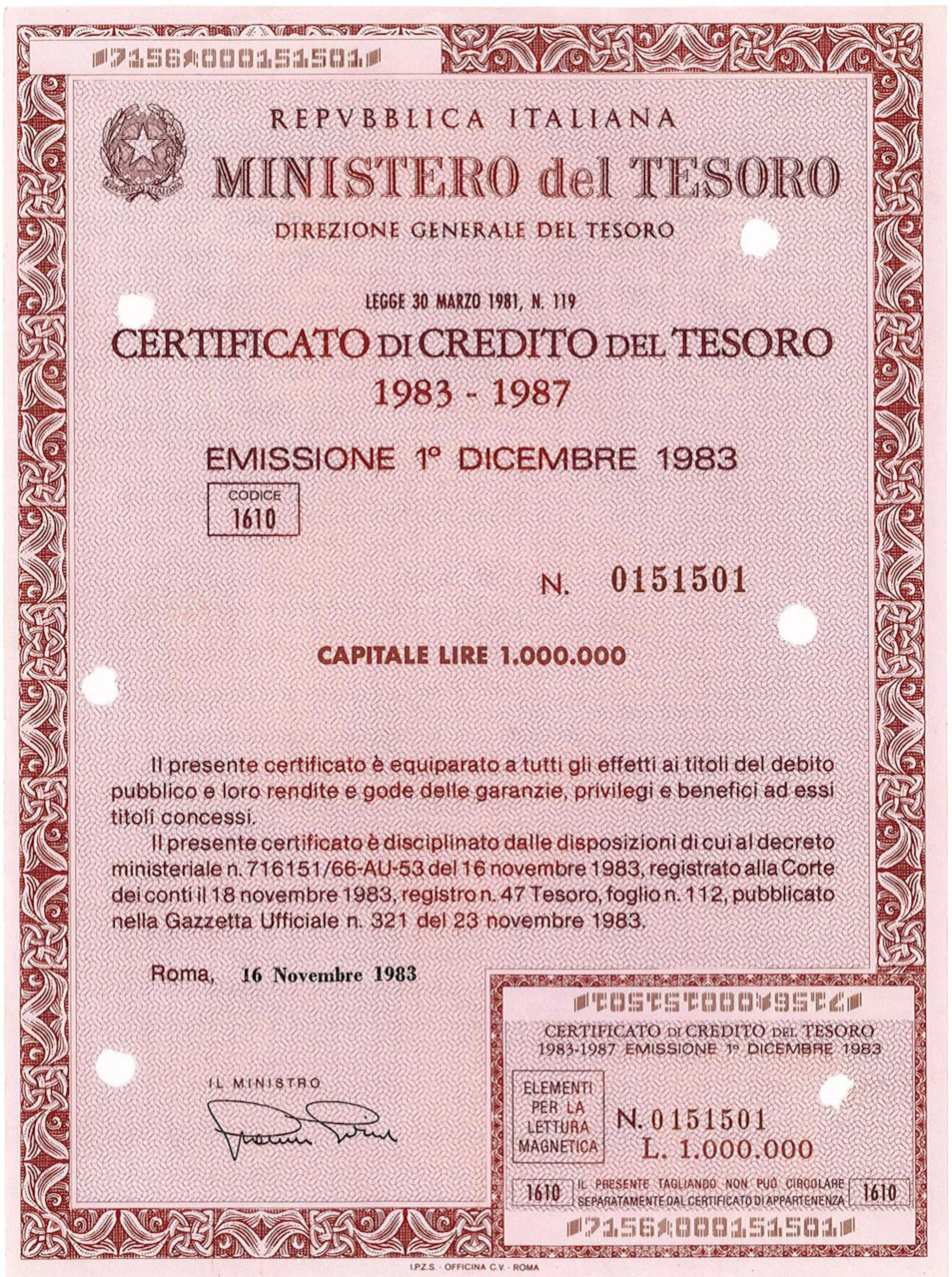 Repubblica Italiana - Certificato di Credito del Tesoro...