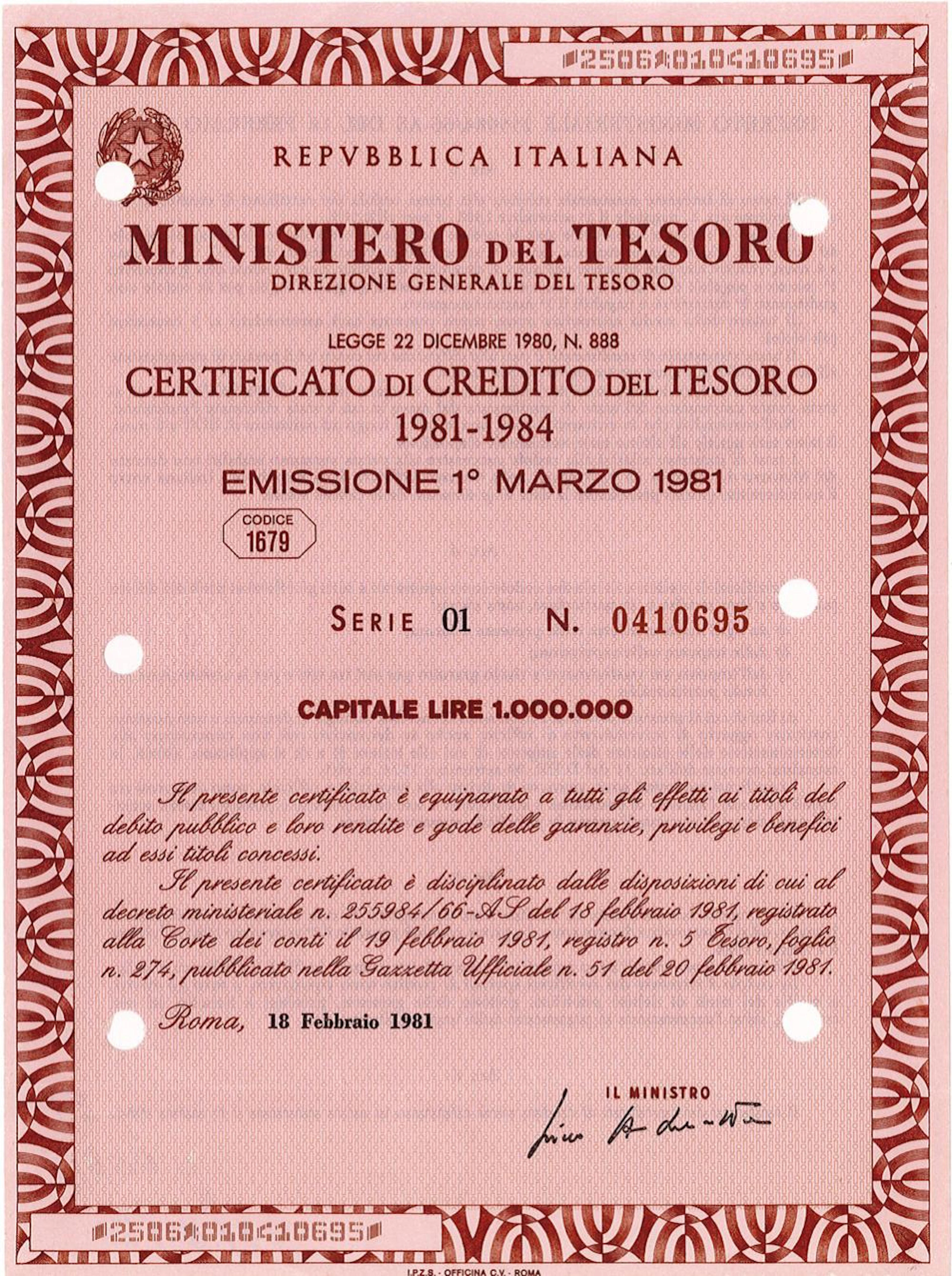 Repubblica Italiana - Certificato di Credito del Tesoro...