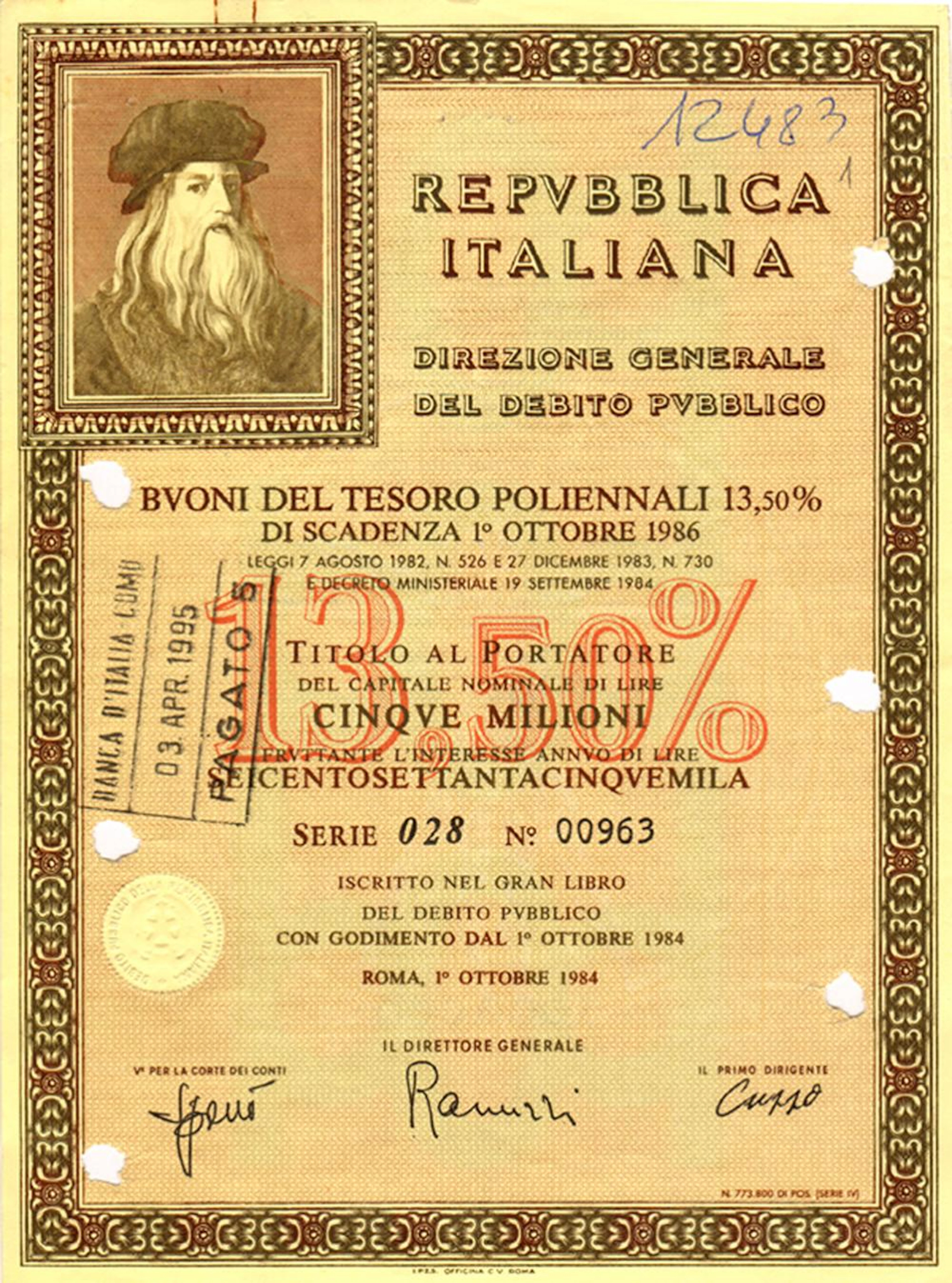 Repubblica Italiana - Buoni del Tesoro poliennali 13,50%