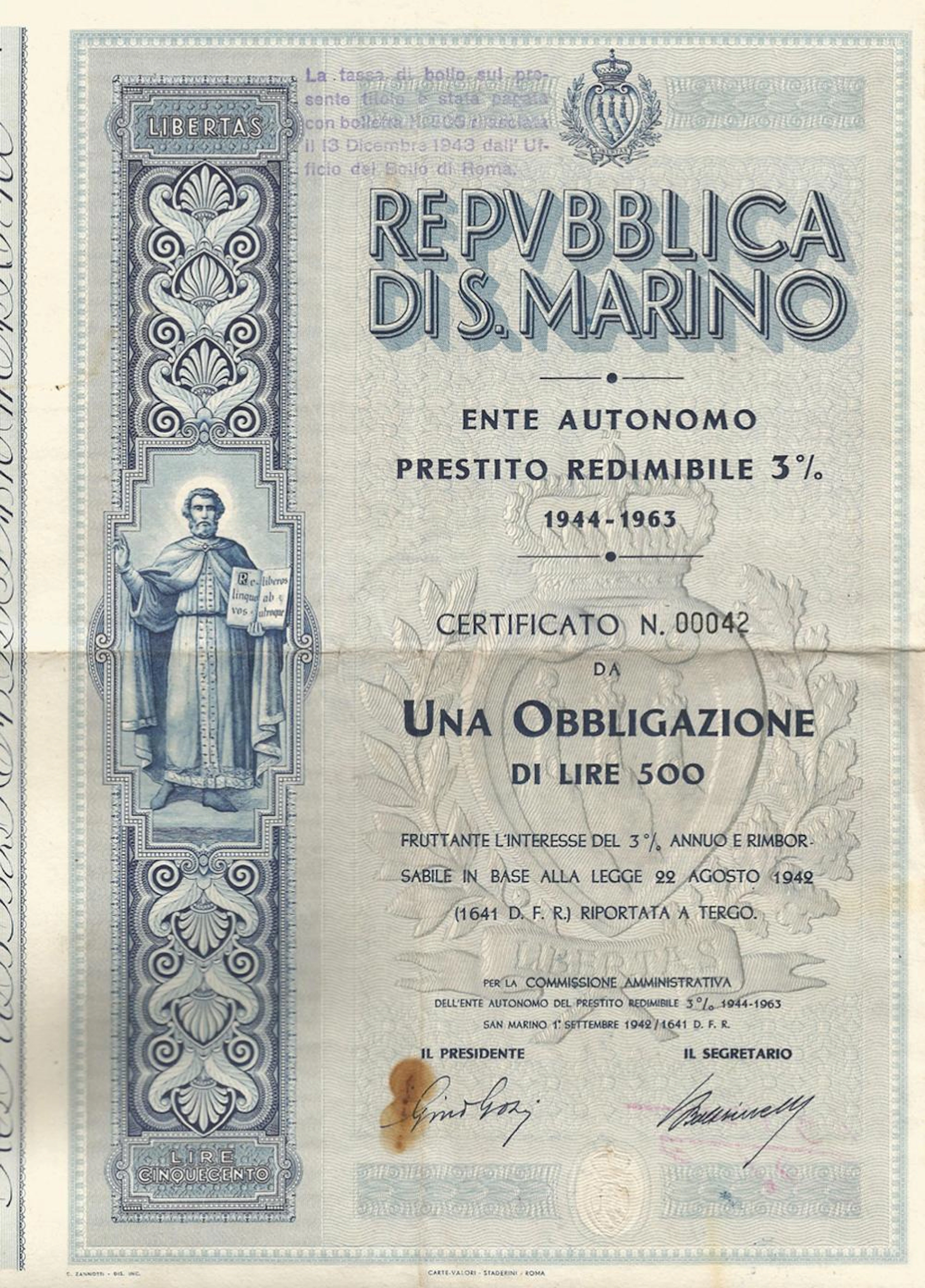 Repubblica di S. Marino 3% - Prestito Redimibile 3% 1944-1963