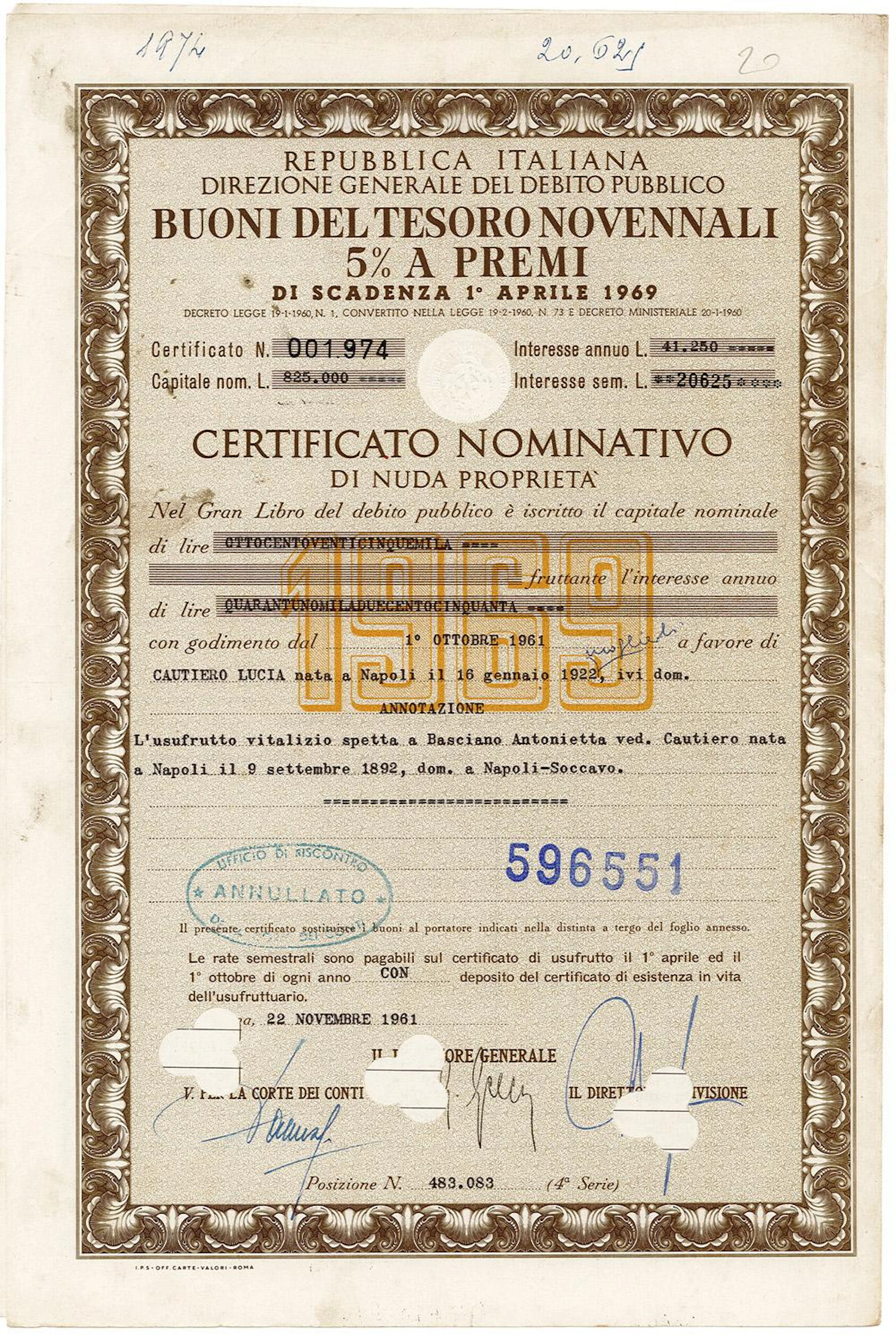 Repubblica Italiana - Buoni del Tesoro novennali 5% a Premi