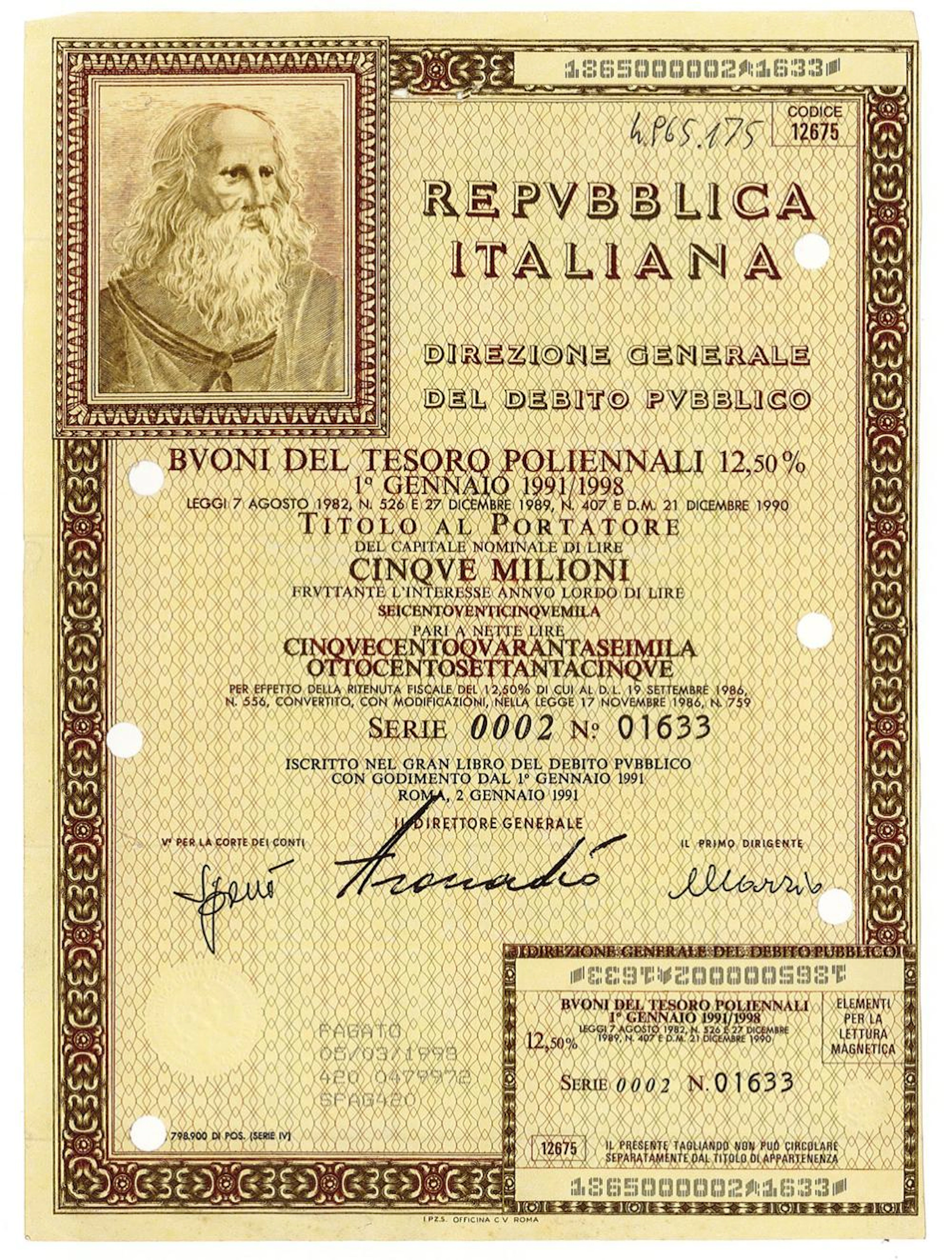 Repubblica Italiana - Buoni del Tesoro poliennali 12,50%