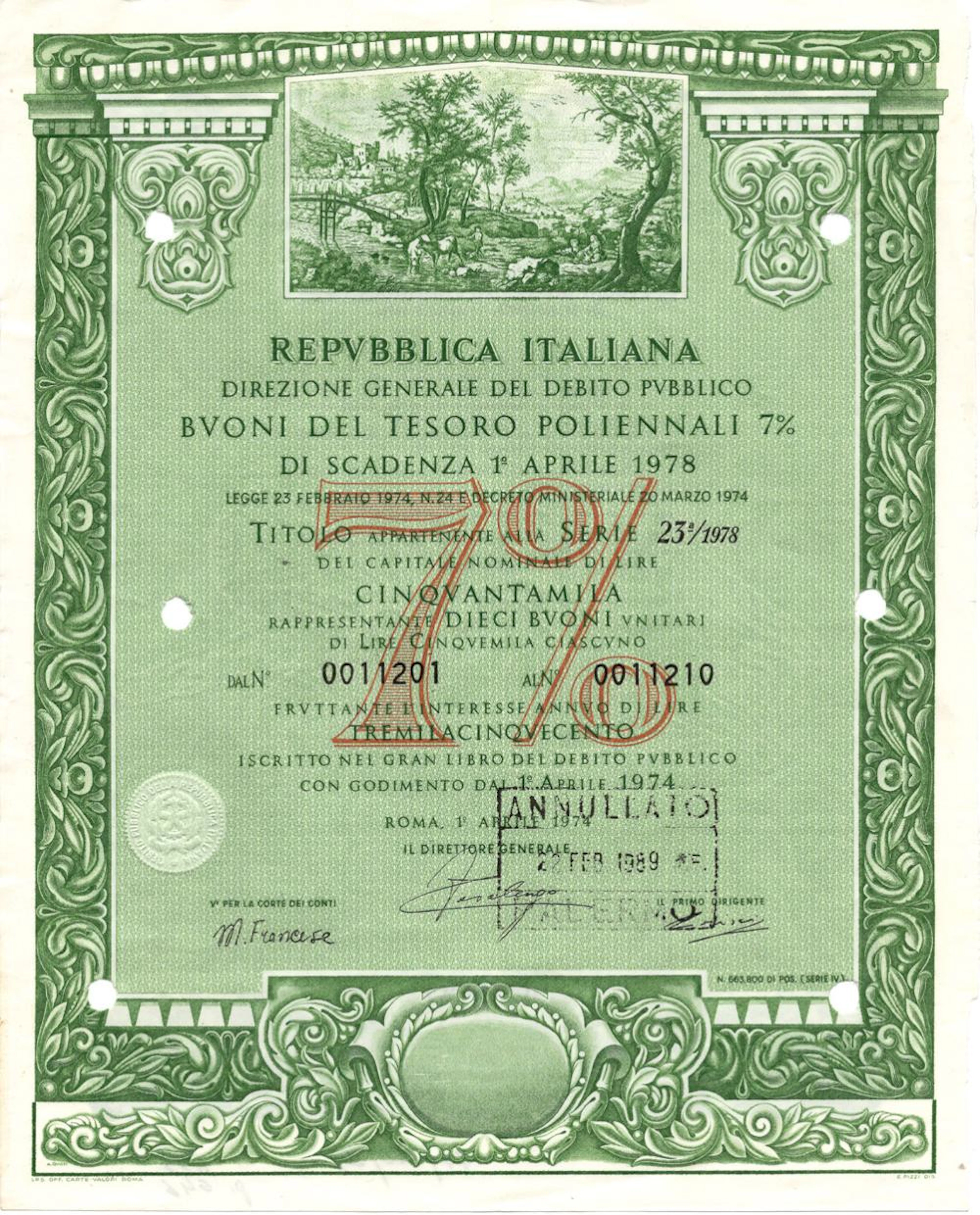 Repubblica Italiana - Buoni del Tesoro poliennali 7%