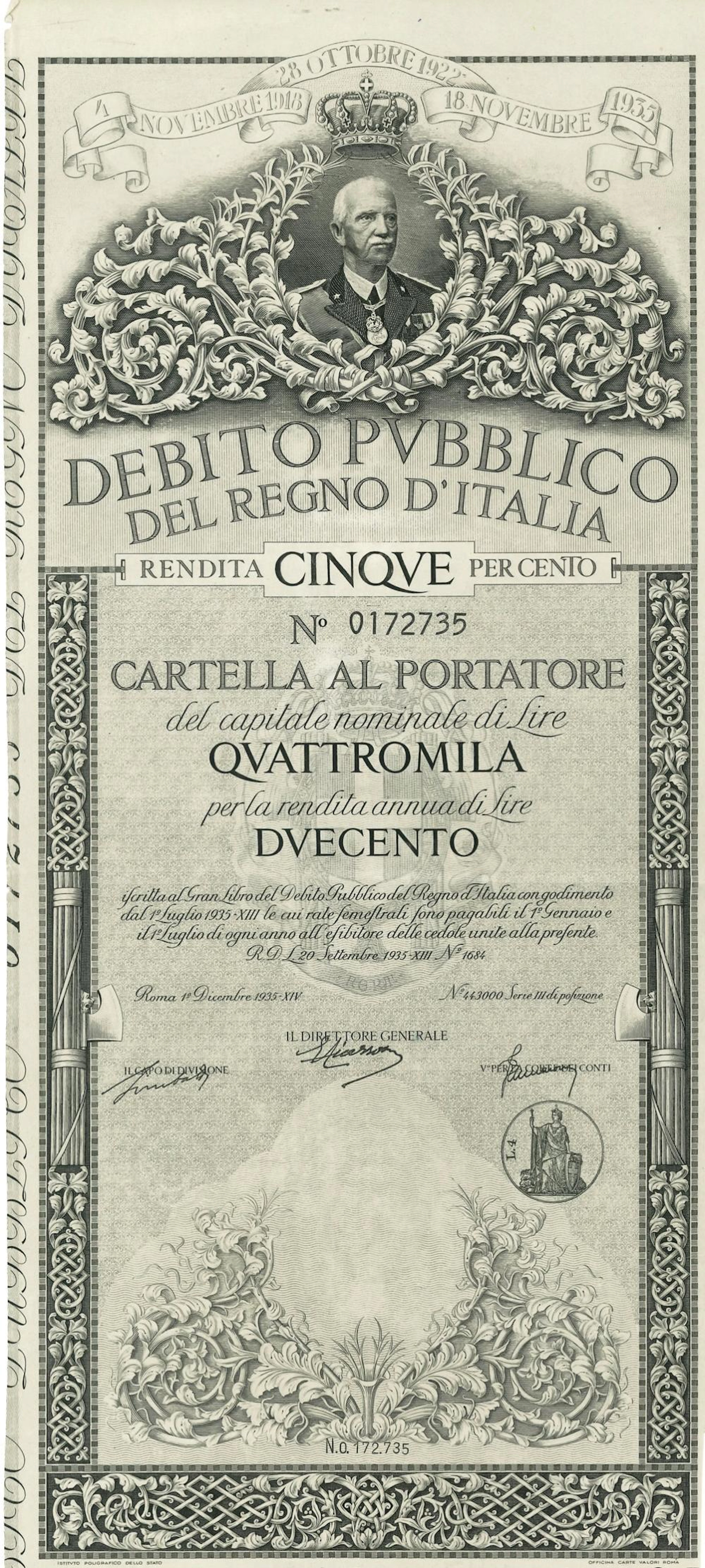 Rendita cinque per cento - Emissione 1° Dicembre 1935 - XIV