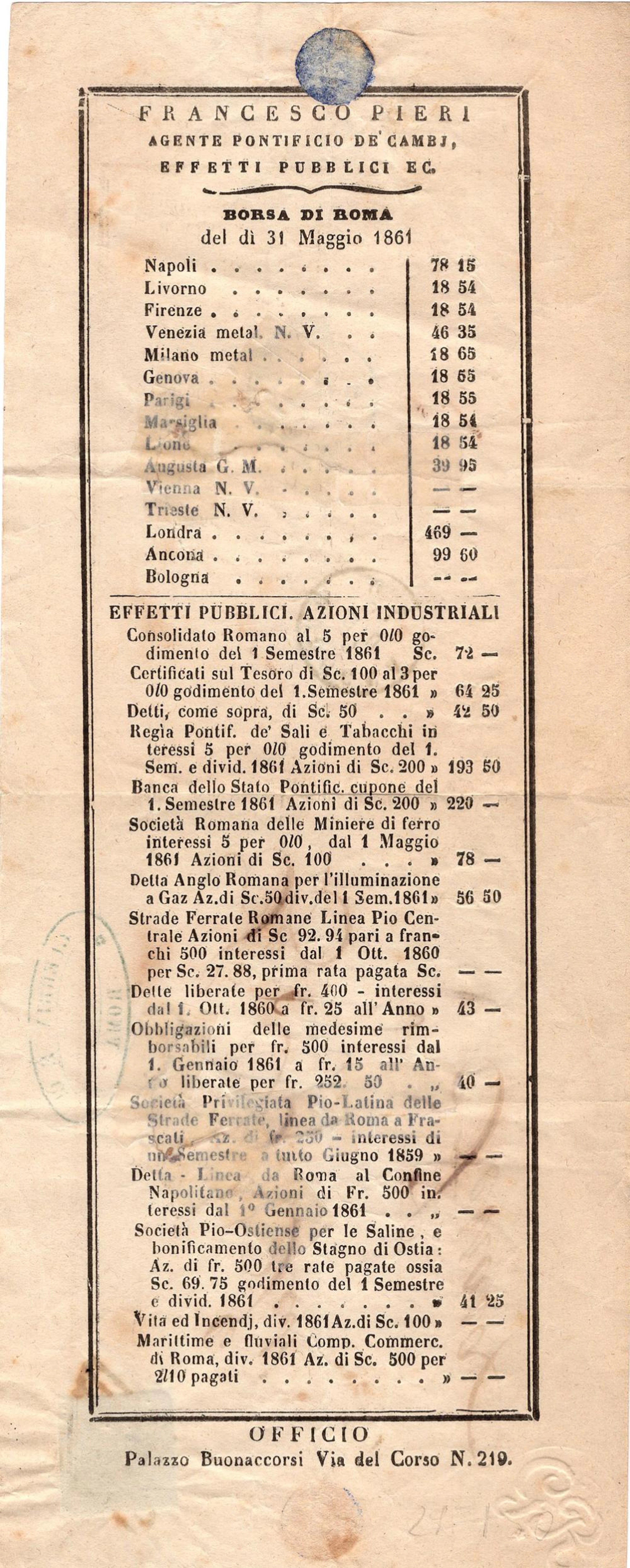 Borsa di Roma del dì 31 maggio 1861