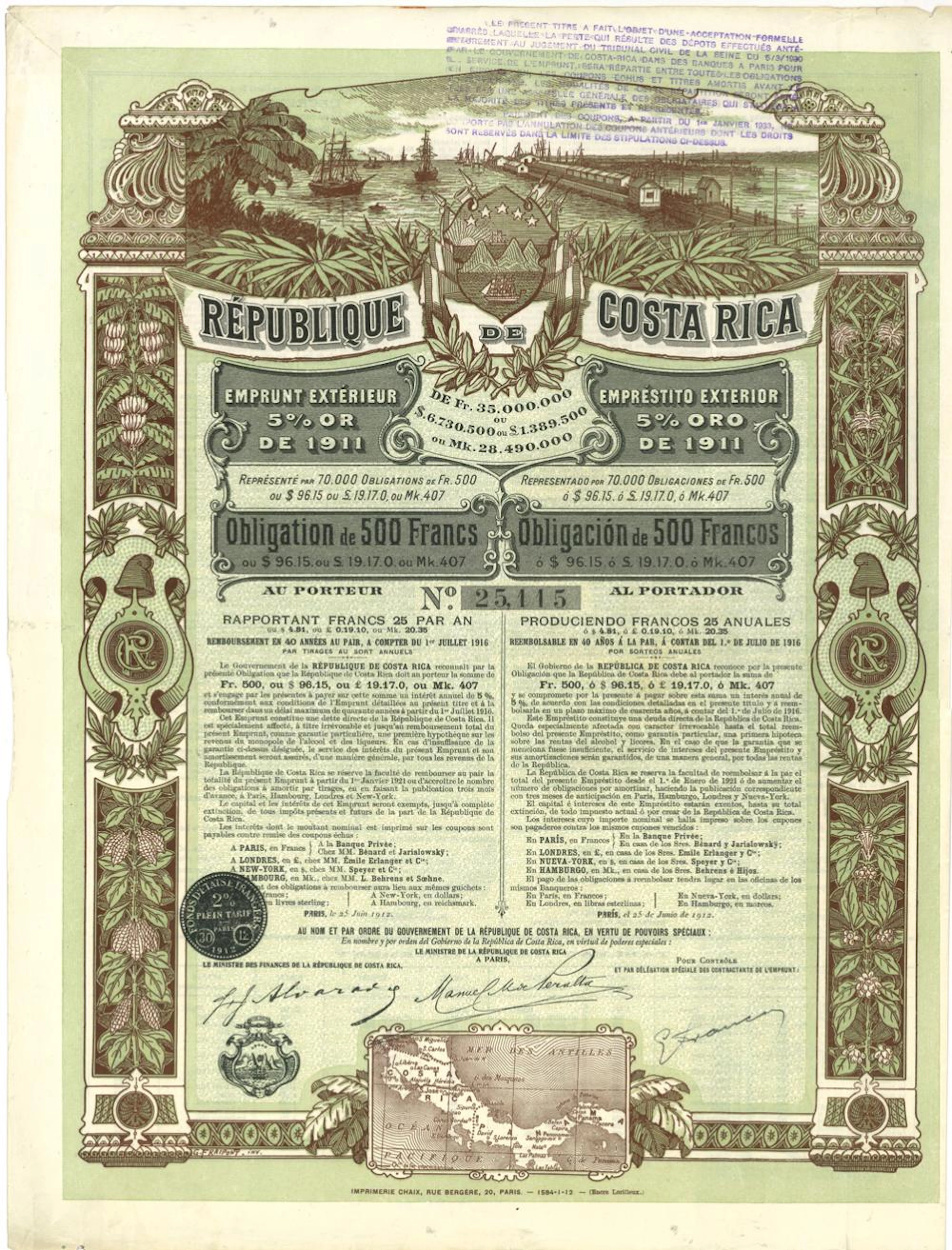 Republique de Costa Rica - Emprunt Extérieur 5% Or de 1911