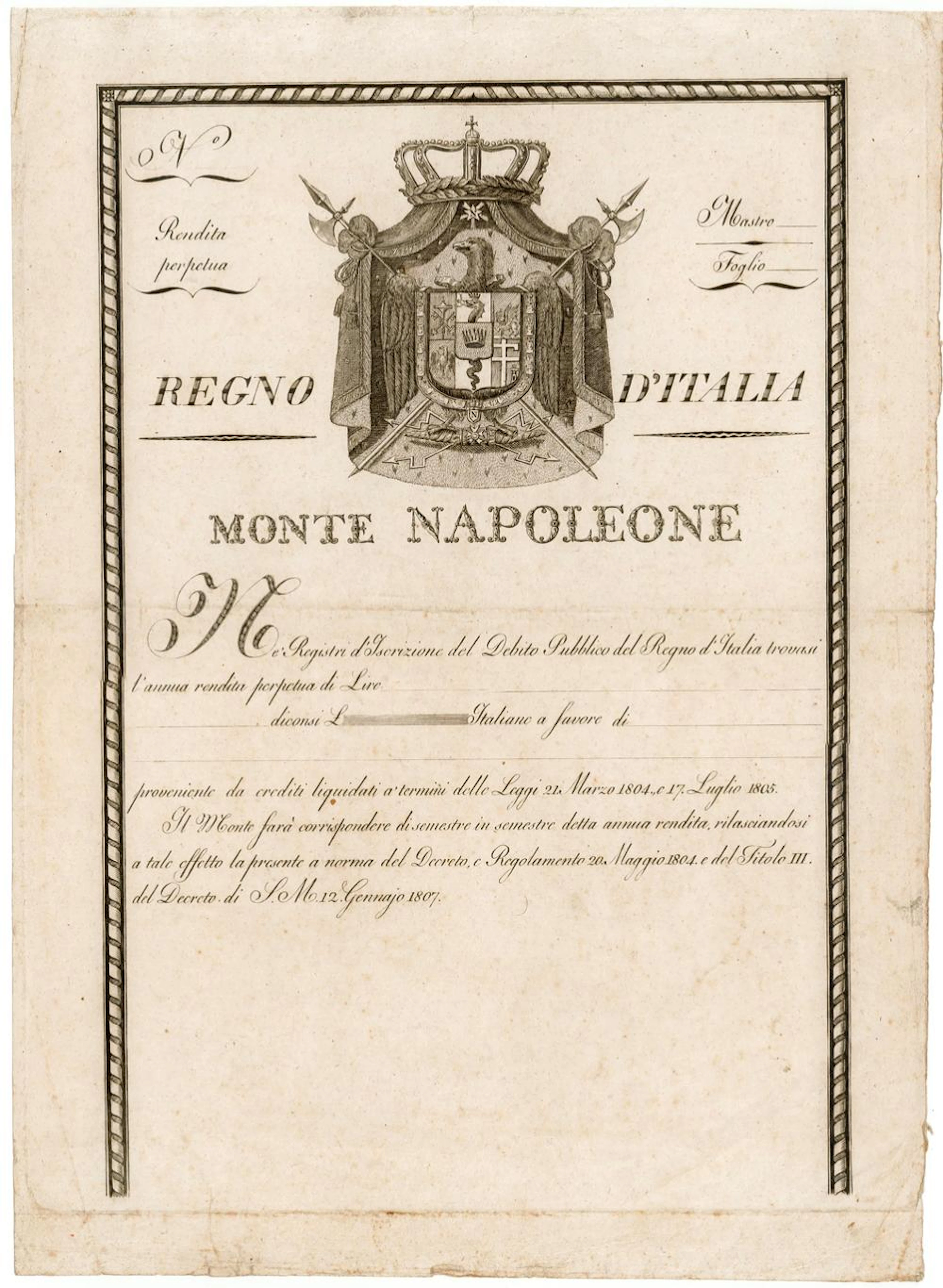 Monte Napoleone - Decreto di S.M. 28 luglio 1806 e 7 dicembre 1807