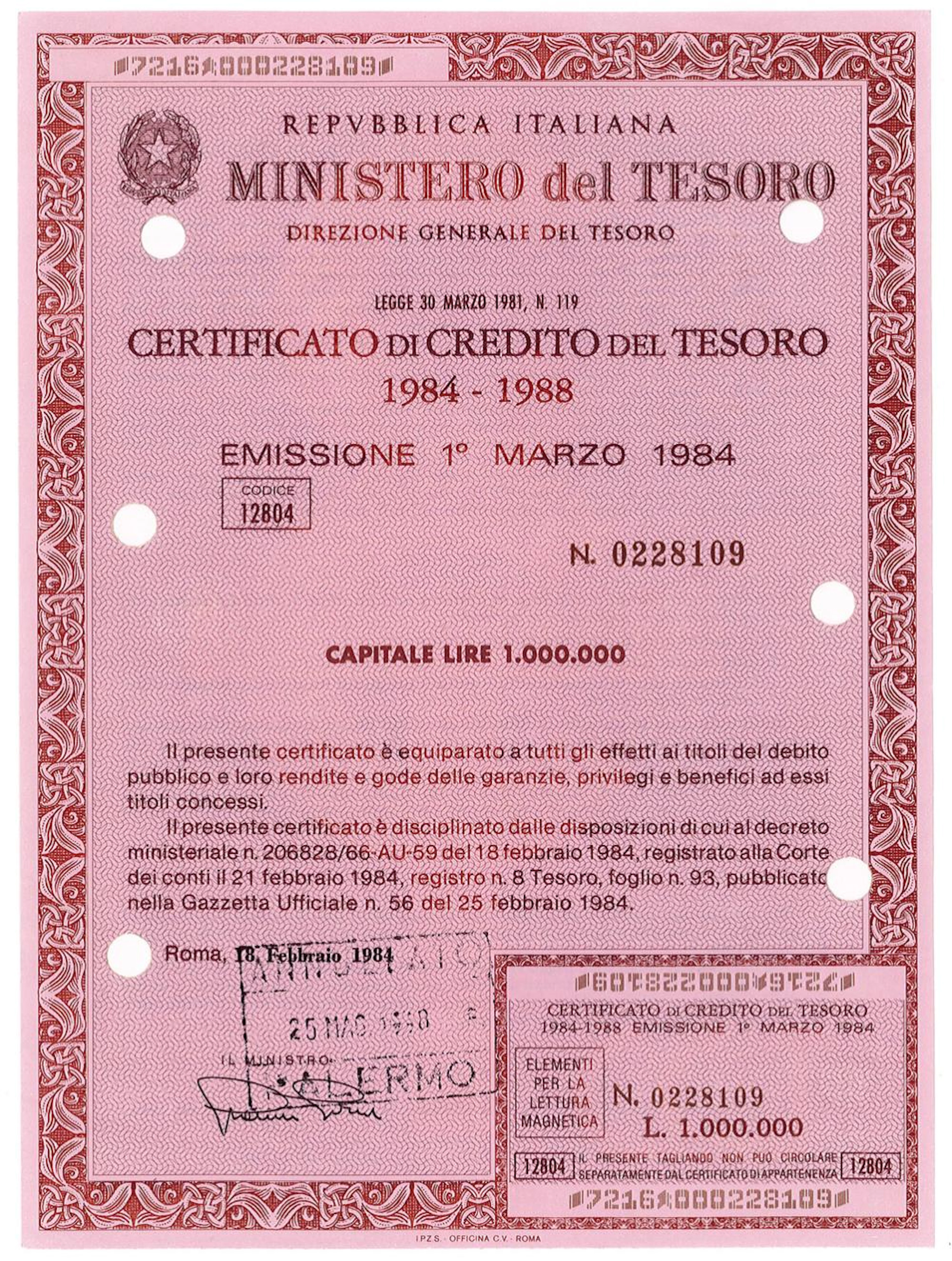 Certificato di Credito del Tesoro 10% - 1984-1988