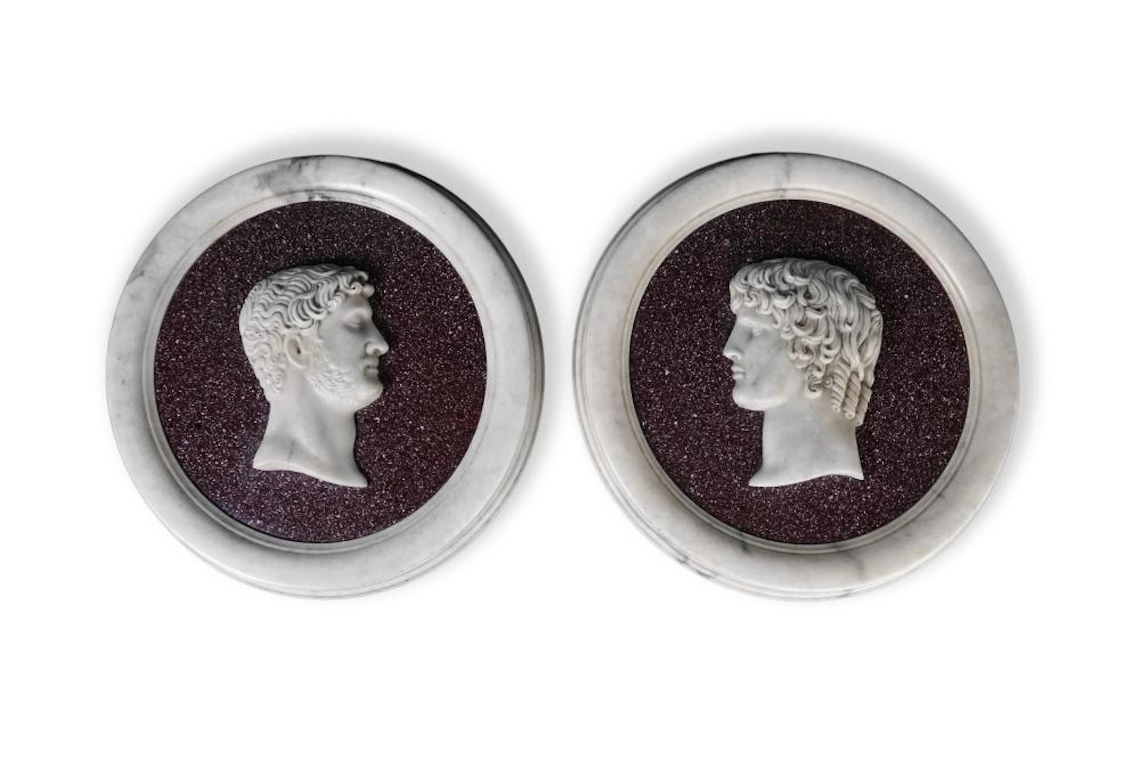 LARGE PORPHYRY MEDALLIONS, marble sculptures.